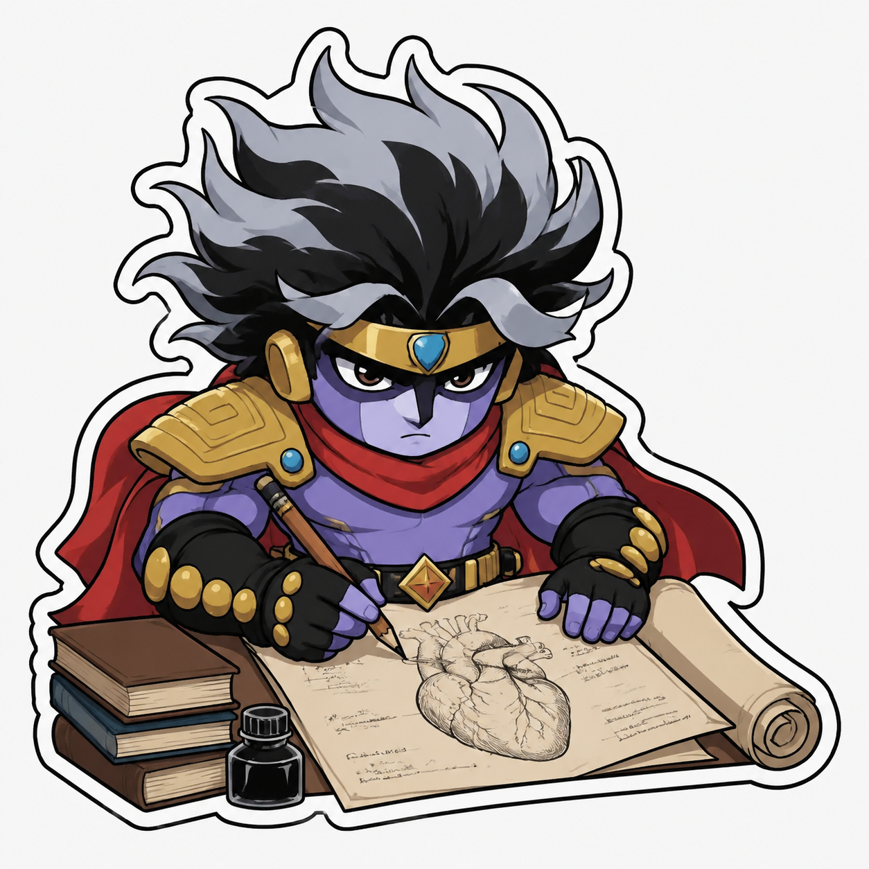 Gently sketching a detailed biological illustration In a frozen moment within stopped time (chibi sticker art, bold outlines and flat colors)