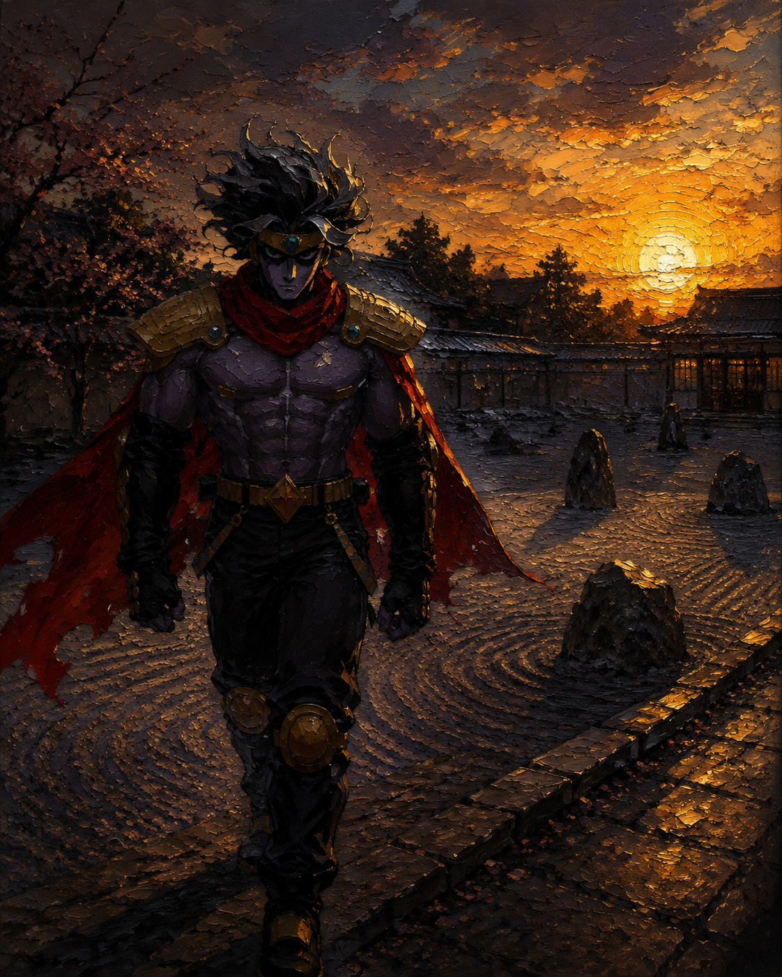 Patrolling the perimeter of a quiet schoolyard In a serene Japanese rock garden at sunrise (dramatic oil painting, heavy impasto and dark tones)