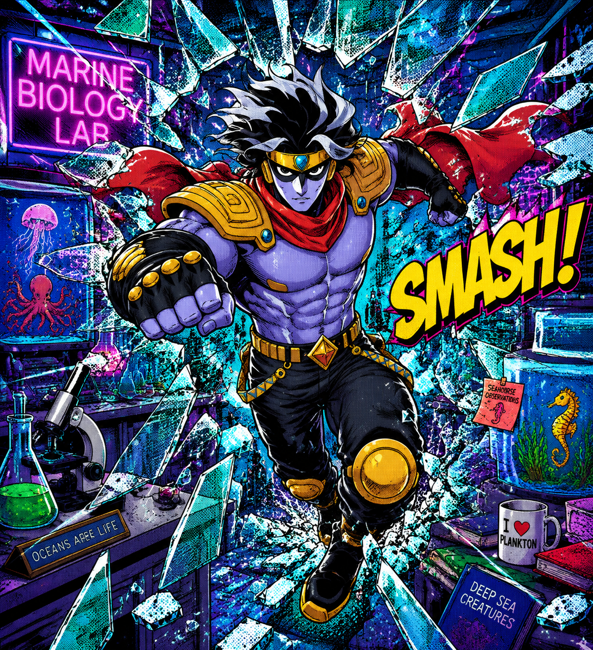 Shattering a wall of reinforced glass In a cluttered marine biology laboratory (vibrant pop art, Ben-Day dots and neon colors)