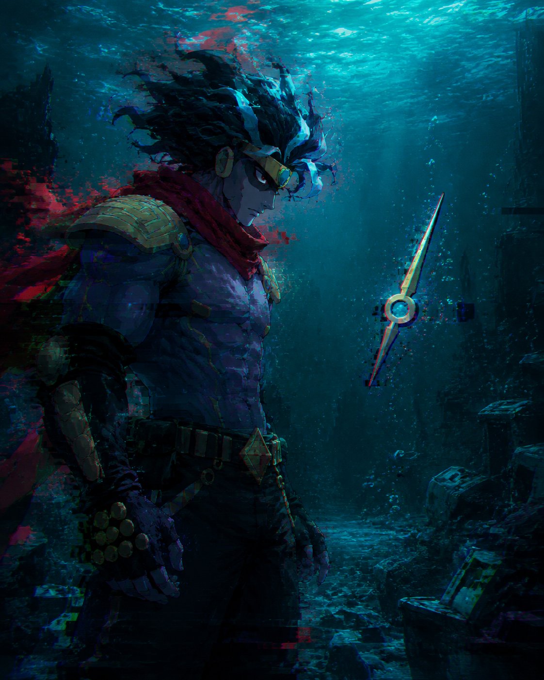 Staring intensely at a single floating clock hand At the bottom of a deep turquoise ocean (cyberpunk glitch art, distorted pixels and chromatic aberration)