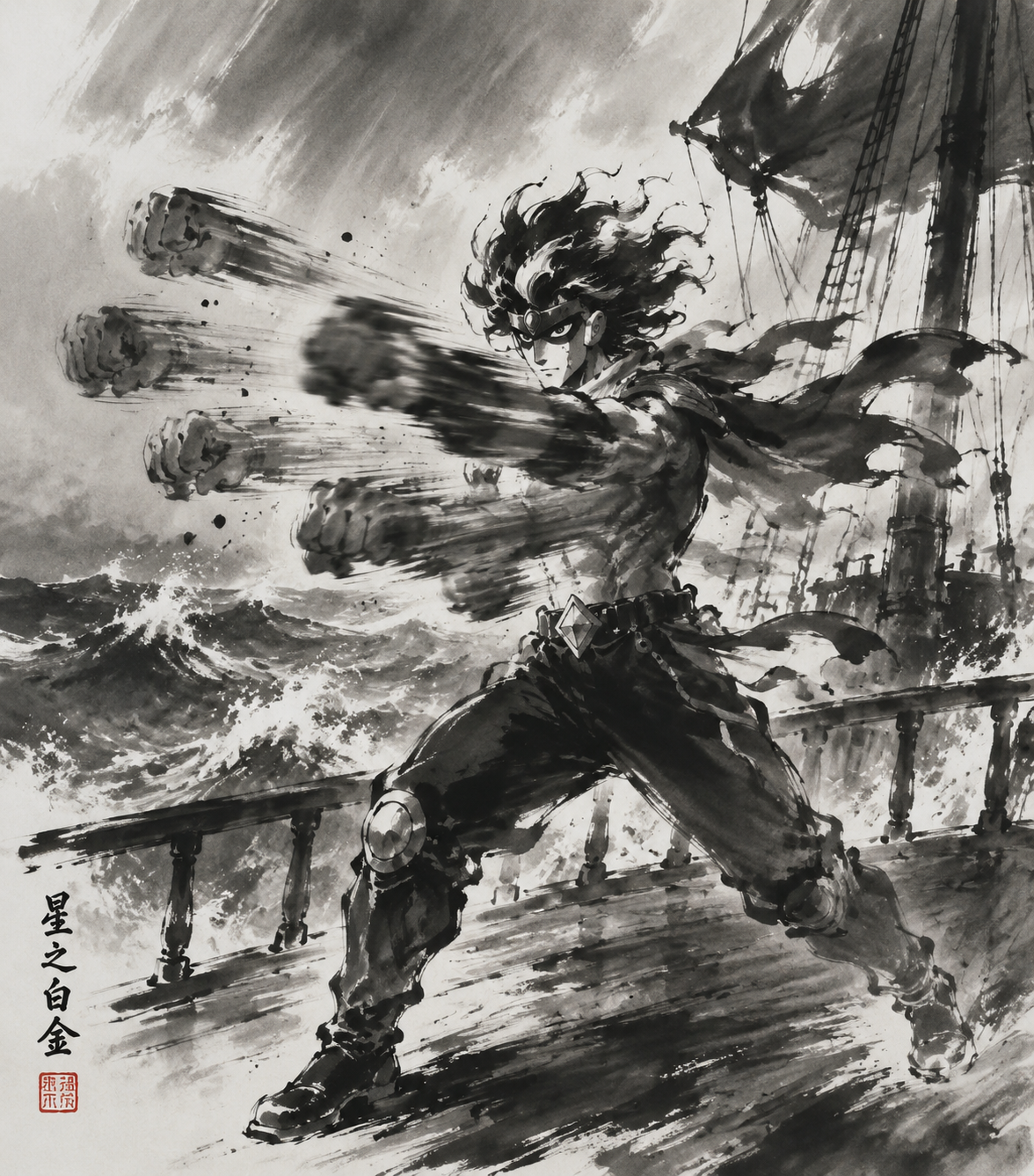 Unleashing a barrage of rapid-fire punches On the deck of a ship in stormy seas (classic ink wash, minimalist brushstrokes and high contrast)