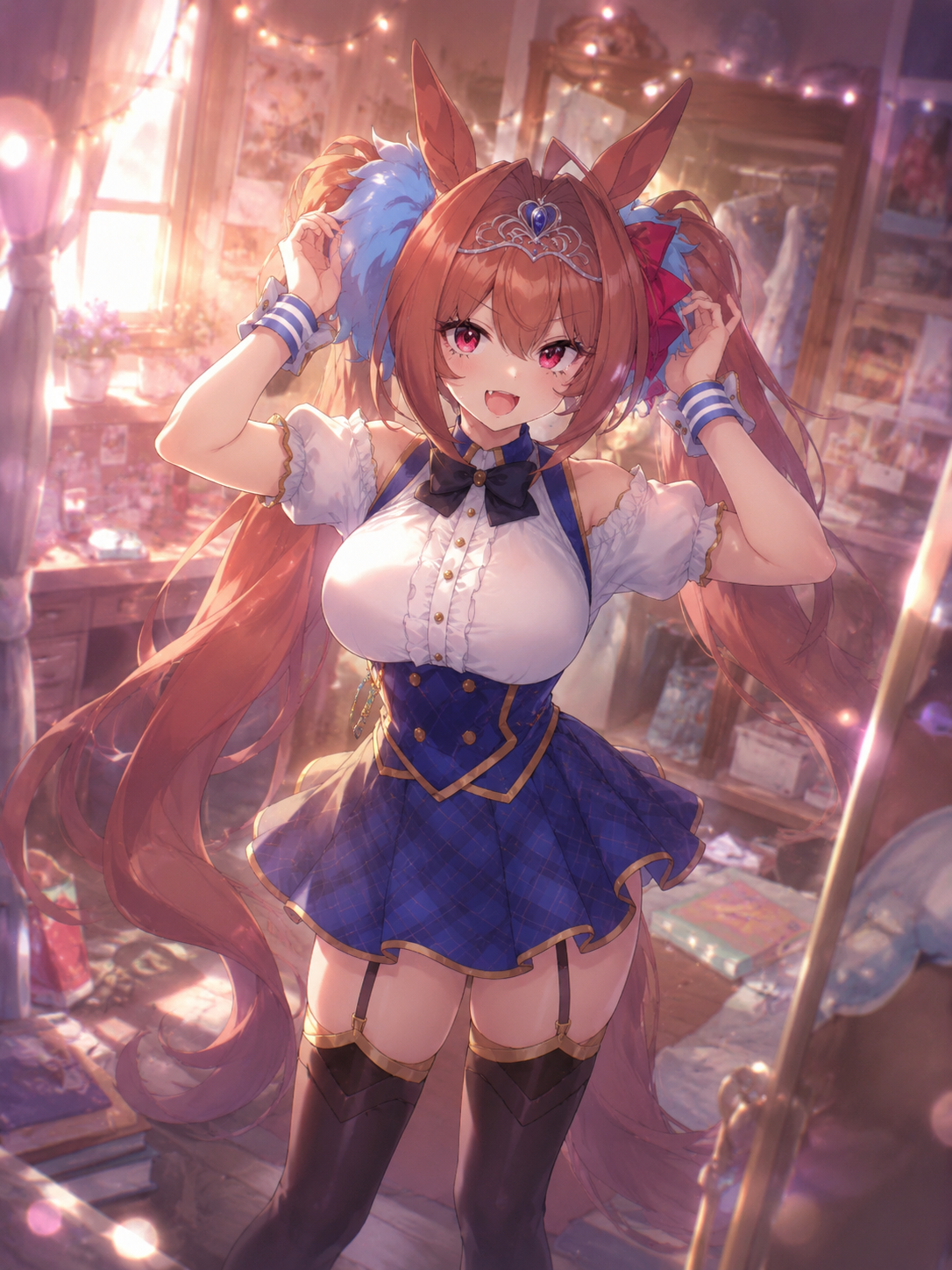 Adjusting her signature twin ribbons In a cluttered dormitory room lit by fairy lights (dreamlike ethereal glow, soft focus and lens flares)