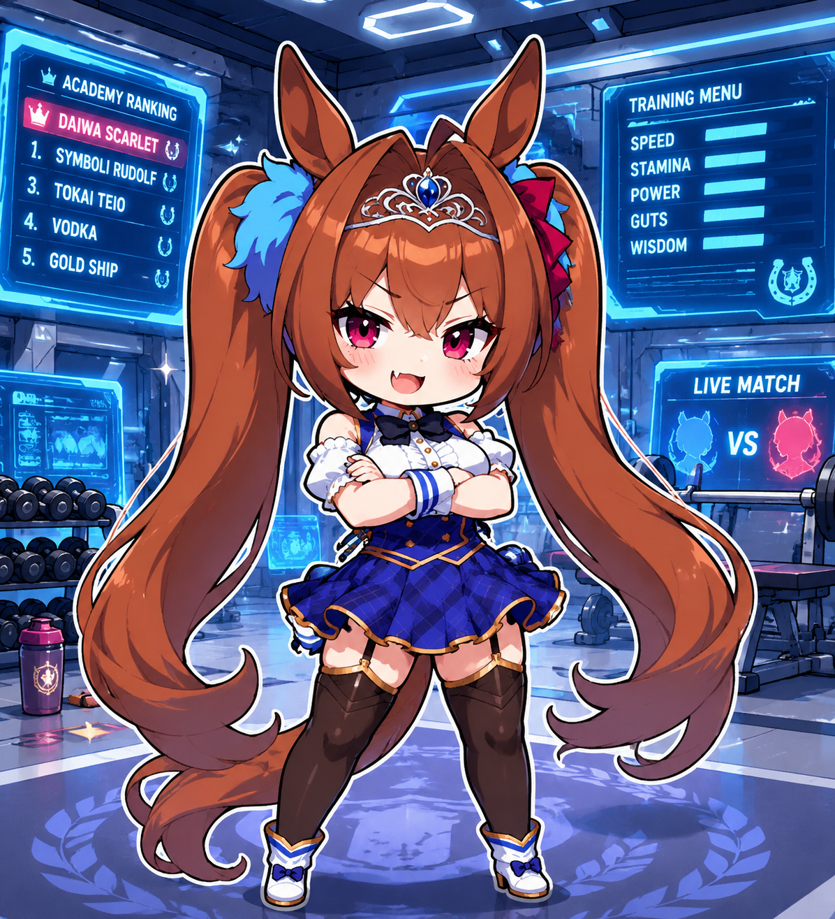 Crossing her arms with a defiant smirk In the high-tech academy gym surrounded by glowing screens (bubbly chibi art, thick lines and bright colors)