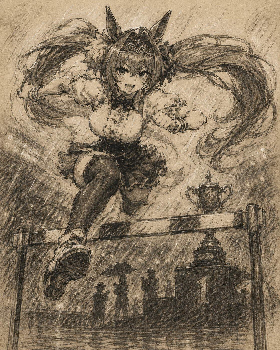 Leaping over a high training hurdle On a rainy podium during an evening trophy ceremony (charcoal sketch on parchment, expressive rough lines)