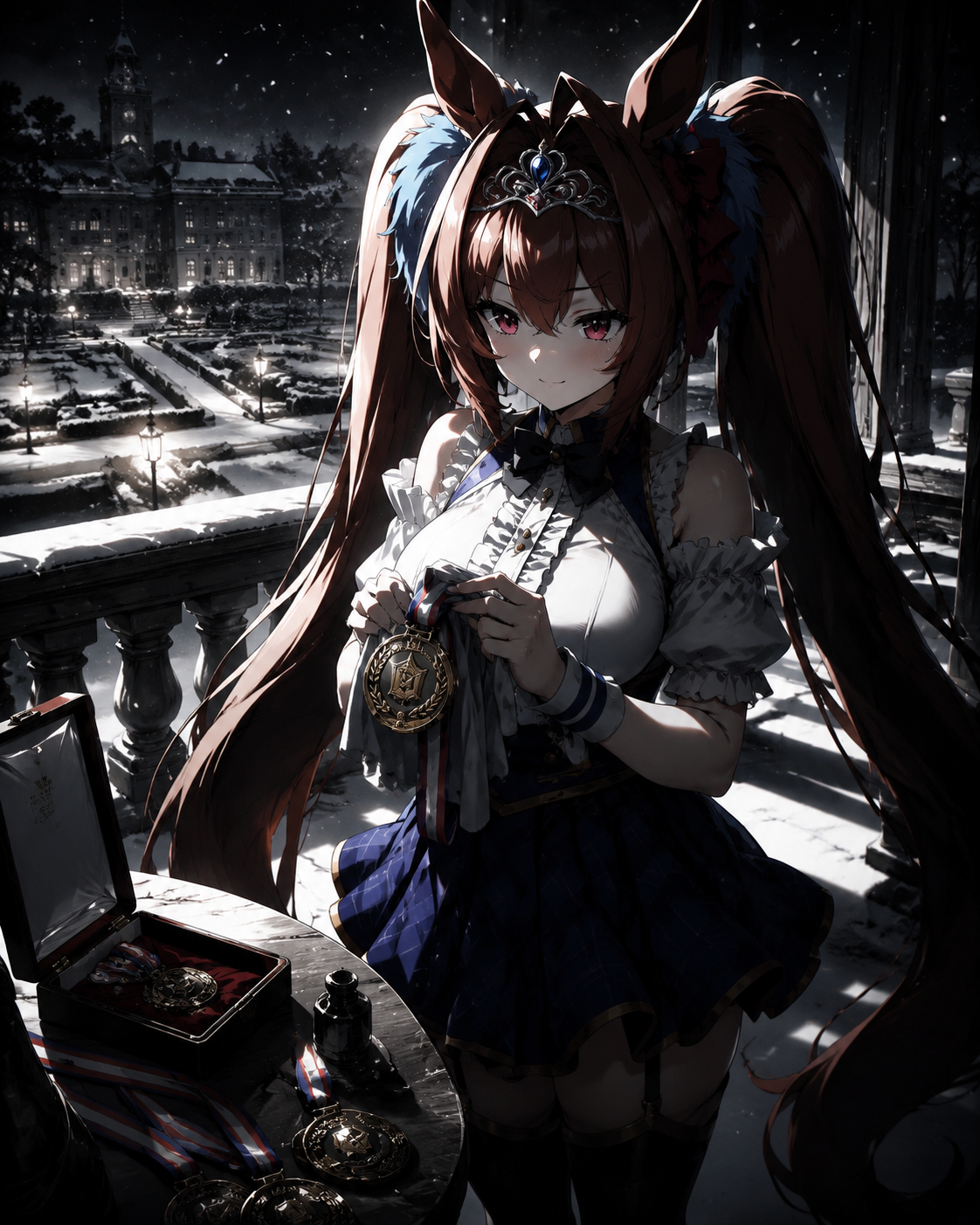 Polishing her gold medals On a snow-covered balcony overlooking the school gardens (cinematic noir, high contrast with sharp shadows)