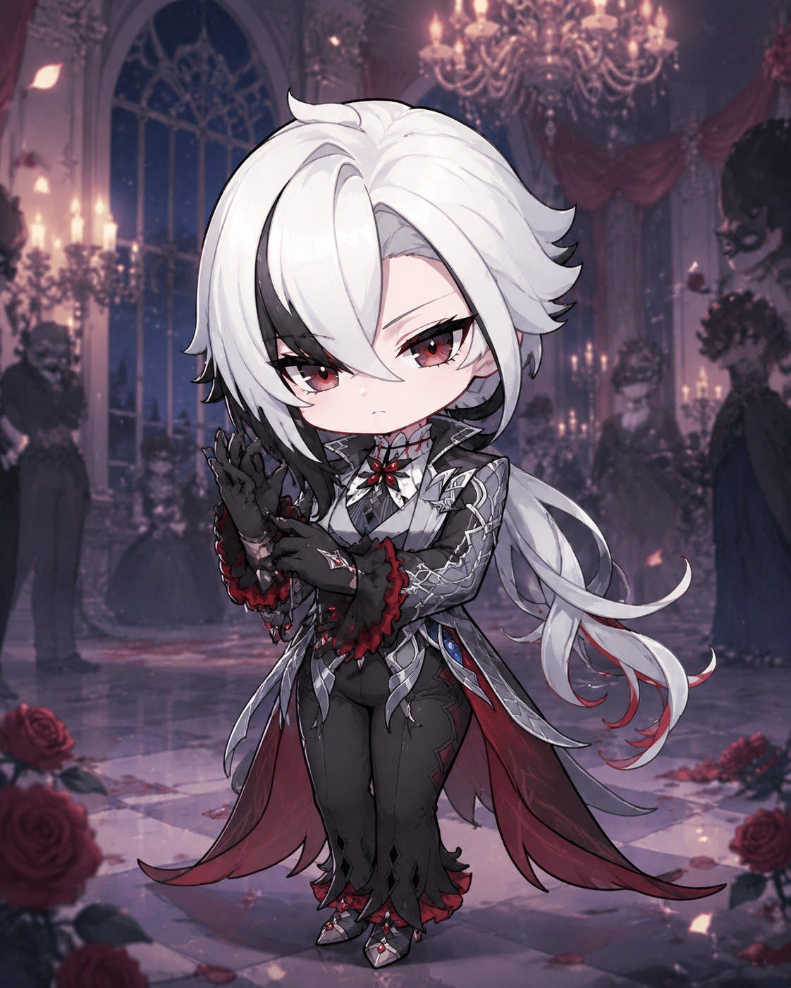 Adjusting her black gloves with a piercing gaze In a shadowy ballroom during a masquerade (chibi style, cute and pastel colors)