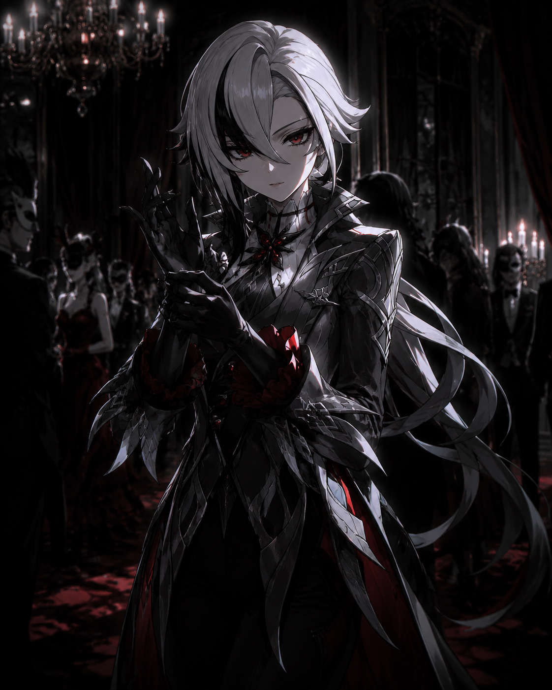 Adjusting her black gloves with a piercing gaze In a shadowy ballroom during a masquerade (cinematic noir, dramatic high-contrast shadows)
