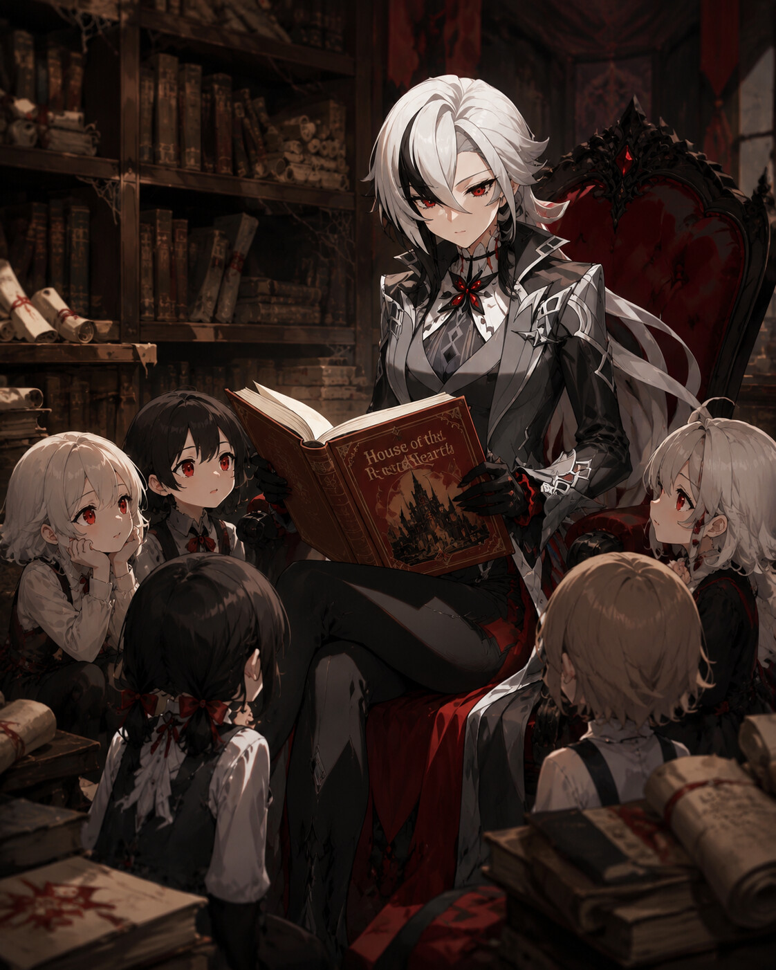 Reading a storybook to the House orphans in a quiet library filled with dusty scrolls (detailed anime art)