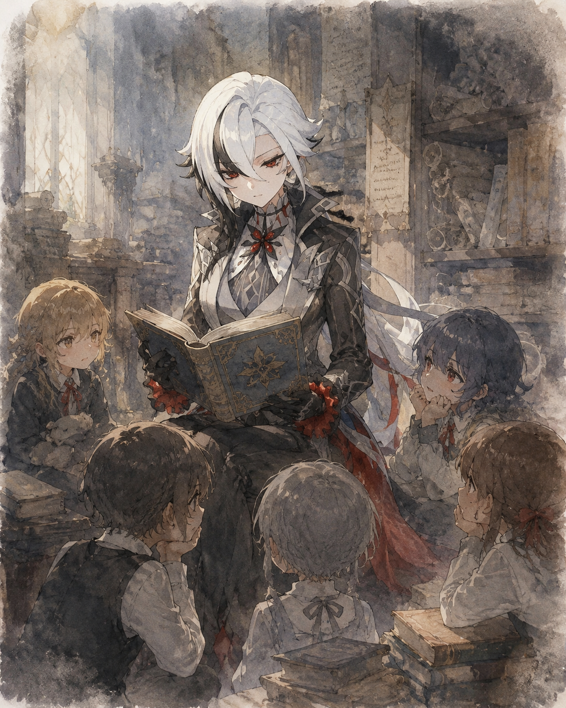 Reading a storybook to the house orphans In a quiet library filled with dusty scrolls (ethereal watercolor, soft lighting and faded edges)