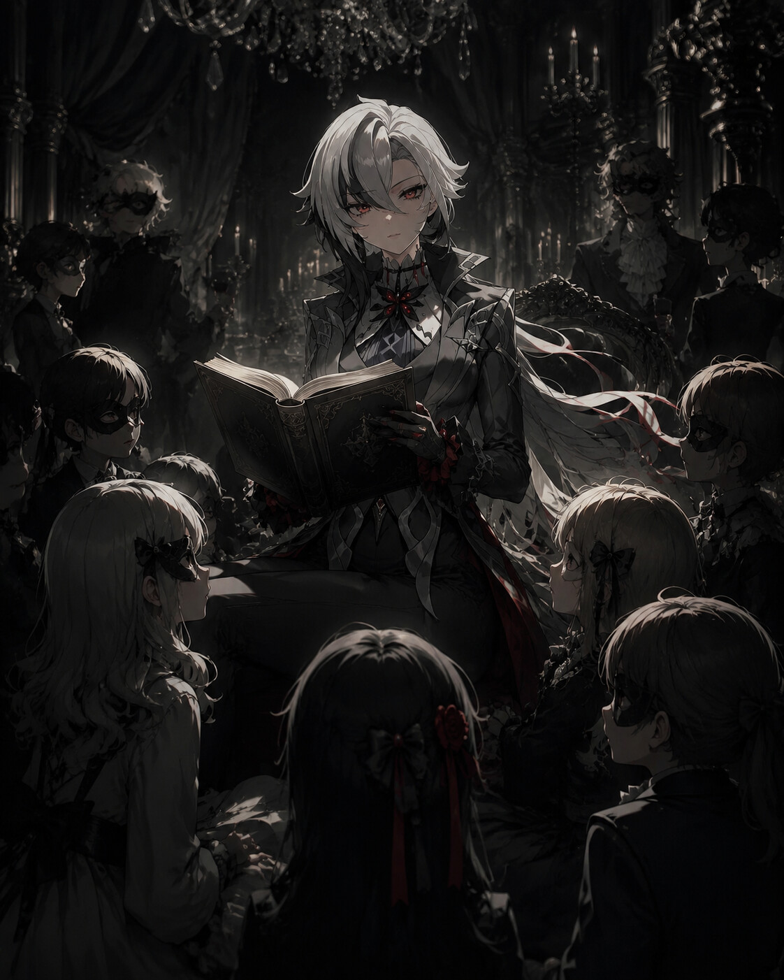 Reading a storybook to the House orphans in a shadowy ballroom during a masquerade (cinematic noir)