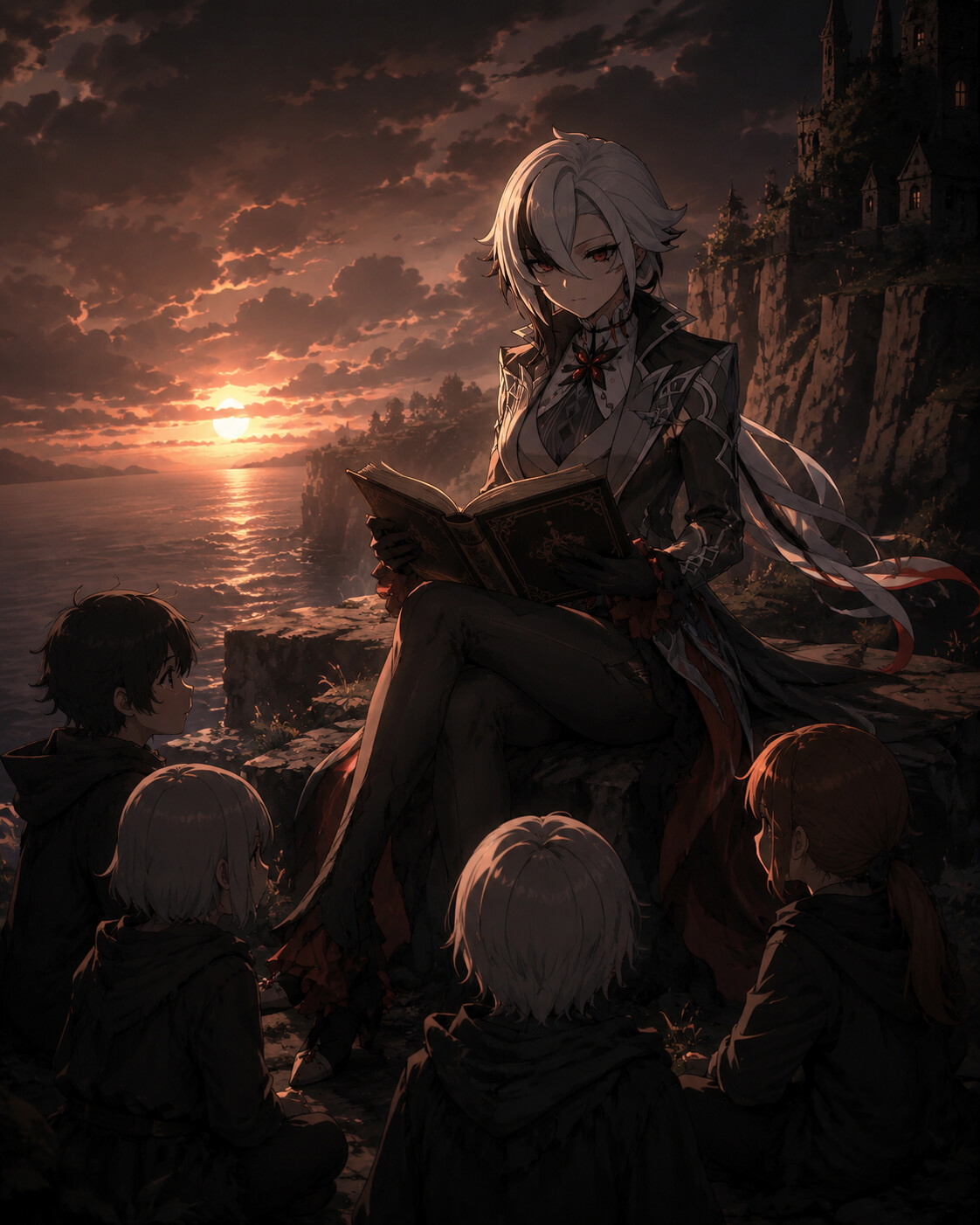 Reading a storybook to the House orphans on a desolate cliffside at sunset (cinematic noir)