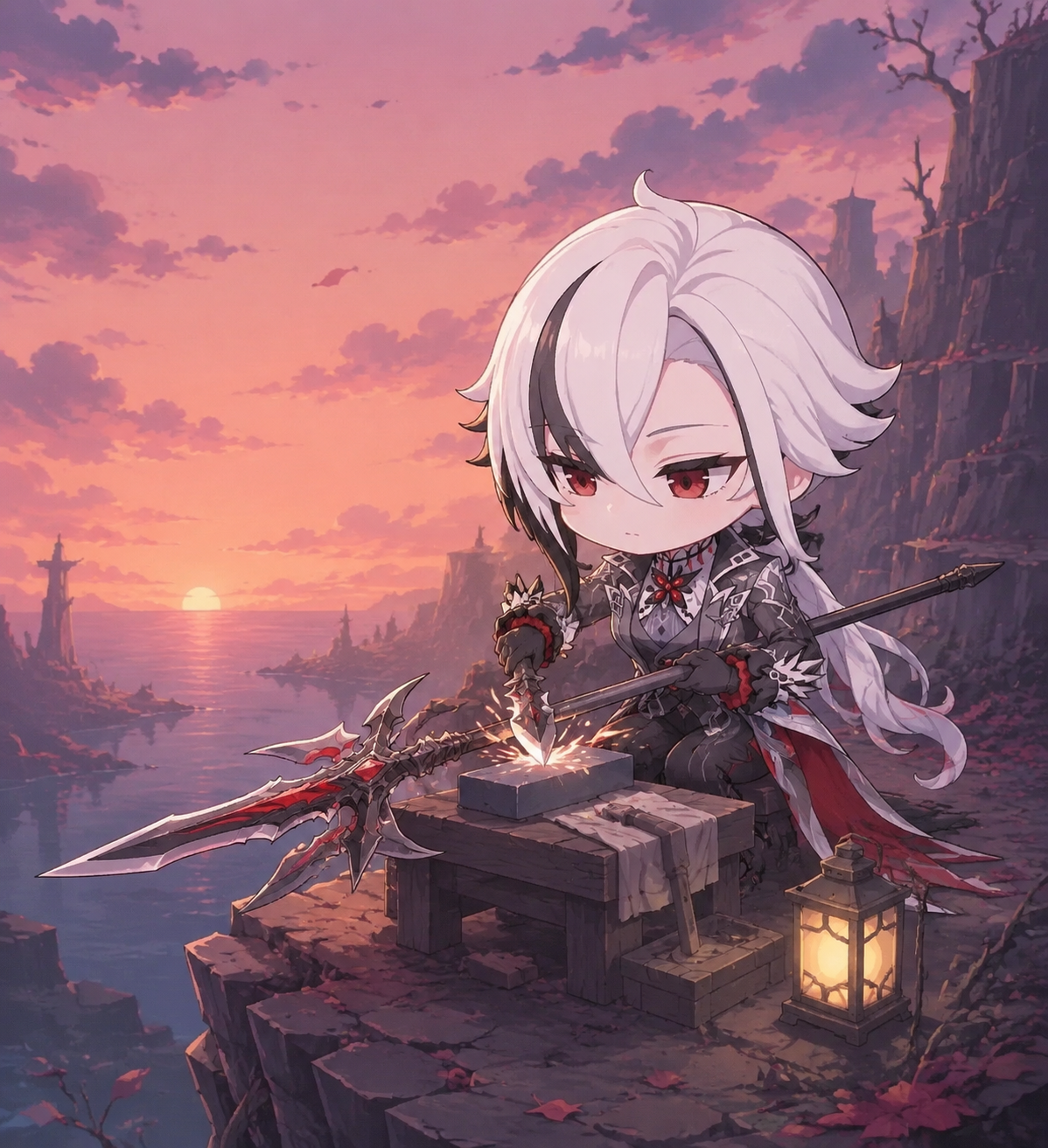 Sharpening a lethal polearm under dim light On a desolate cliffside at sunset (chibi style, cute and pastel colors)