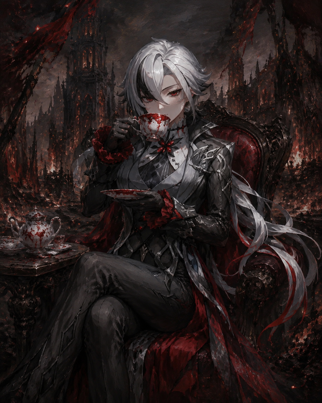 Sipping blood-red tea from a porcelain cup At the center of a burning ruin (dark gothic fantasy, oil painting texture)