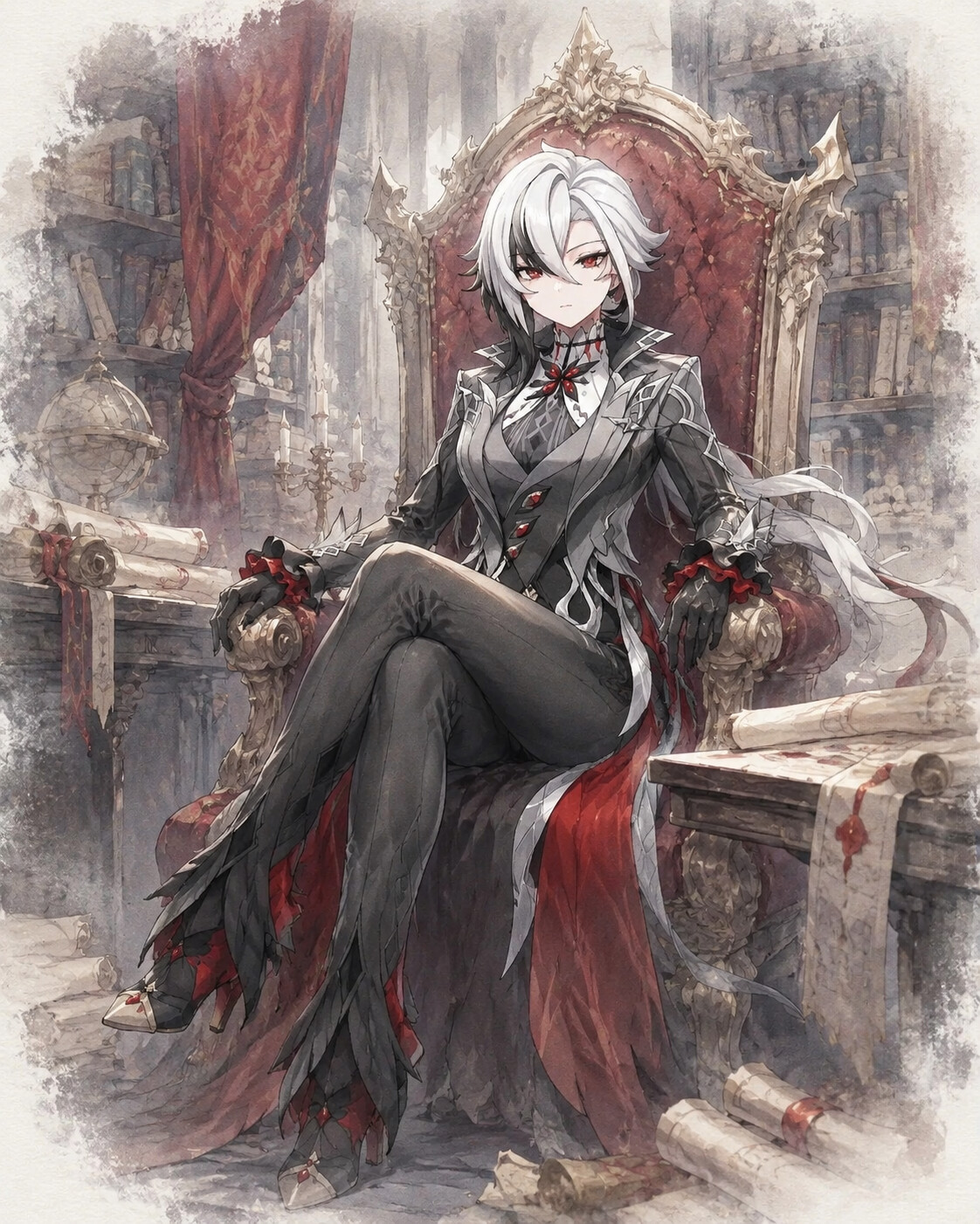 Sitting regally on an ornate throne in a quiet library filled with dusty scrolls (ethereal watercolor)