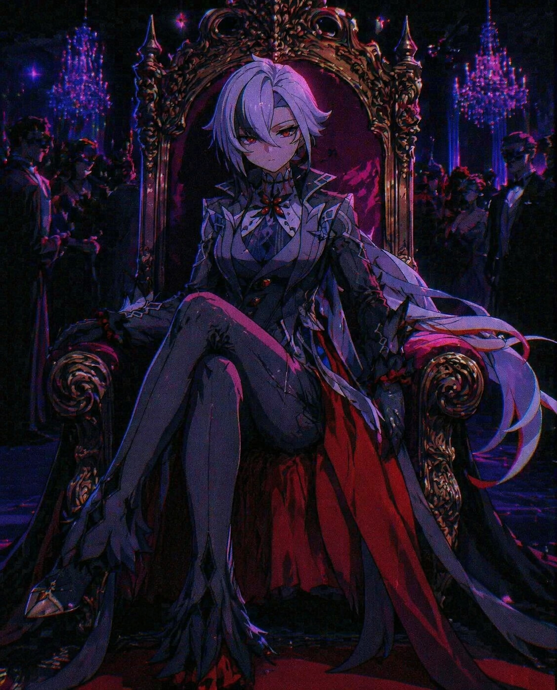 Sitting regally on an ornate throne in a shadowy ballroom during a masquerade (retro 90s anime)