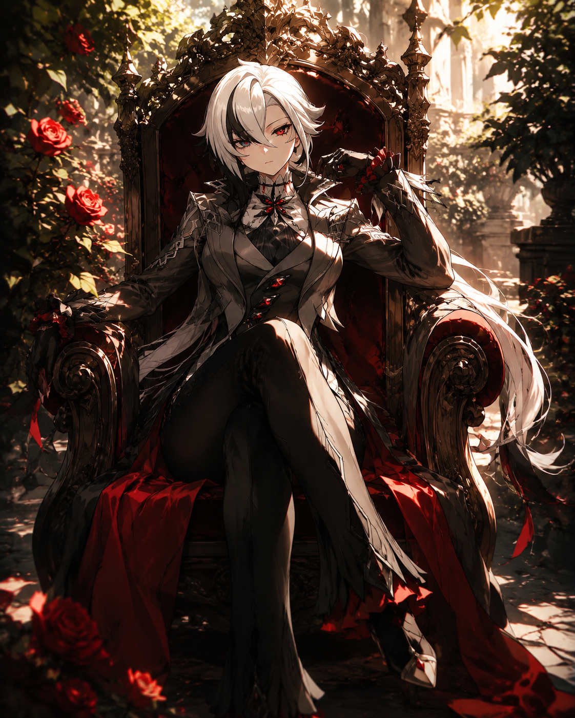 Sitting regally on an ornate throne In a sun-drenched garden with red roses (cinematic noir, dramatic high-contrast shadows)
