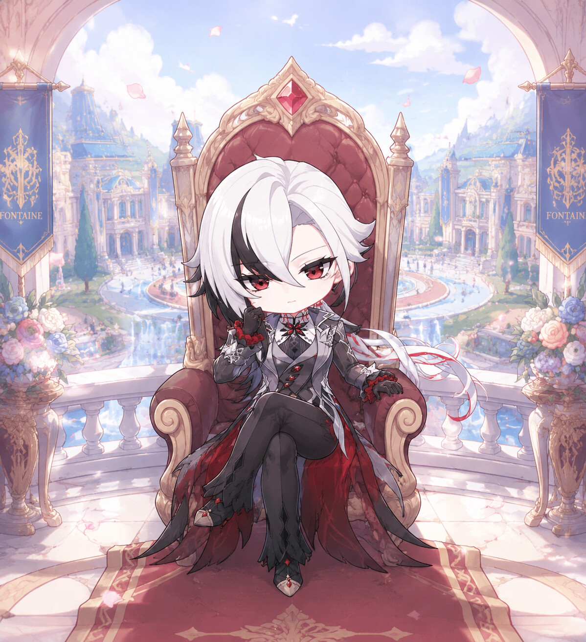 Sitting regally on an ornate throne on a balcony overlooking the Court of Fontaine (chibi style)