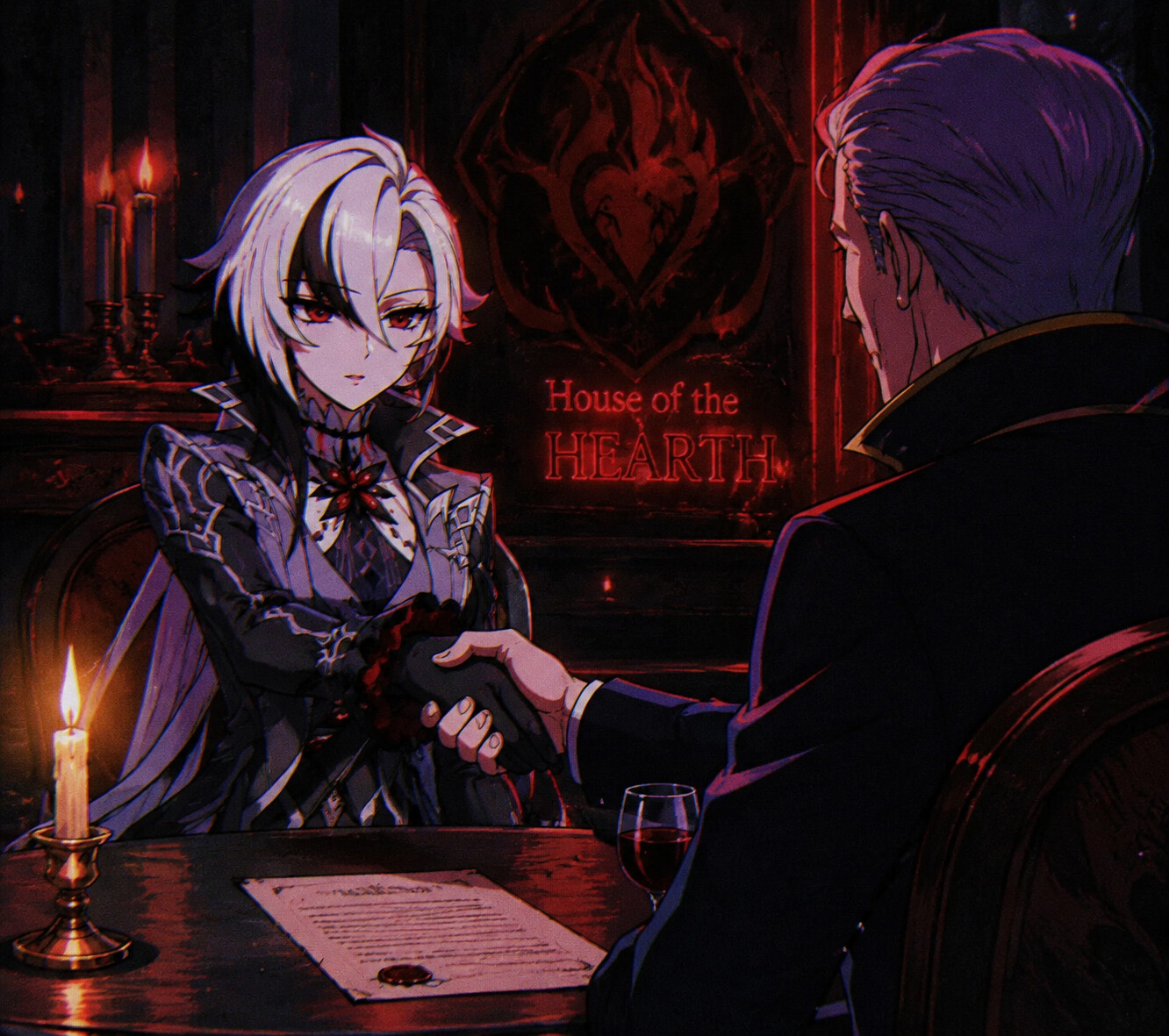 Striking a deal with a cold diplomat at a candlelit table in the House of the Hearth (retro 90s anime)