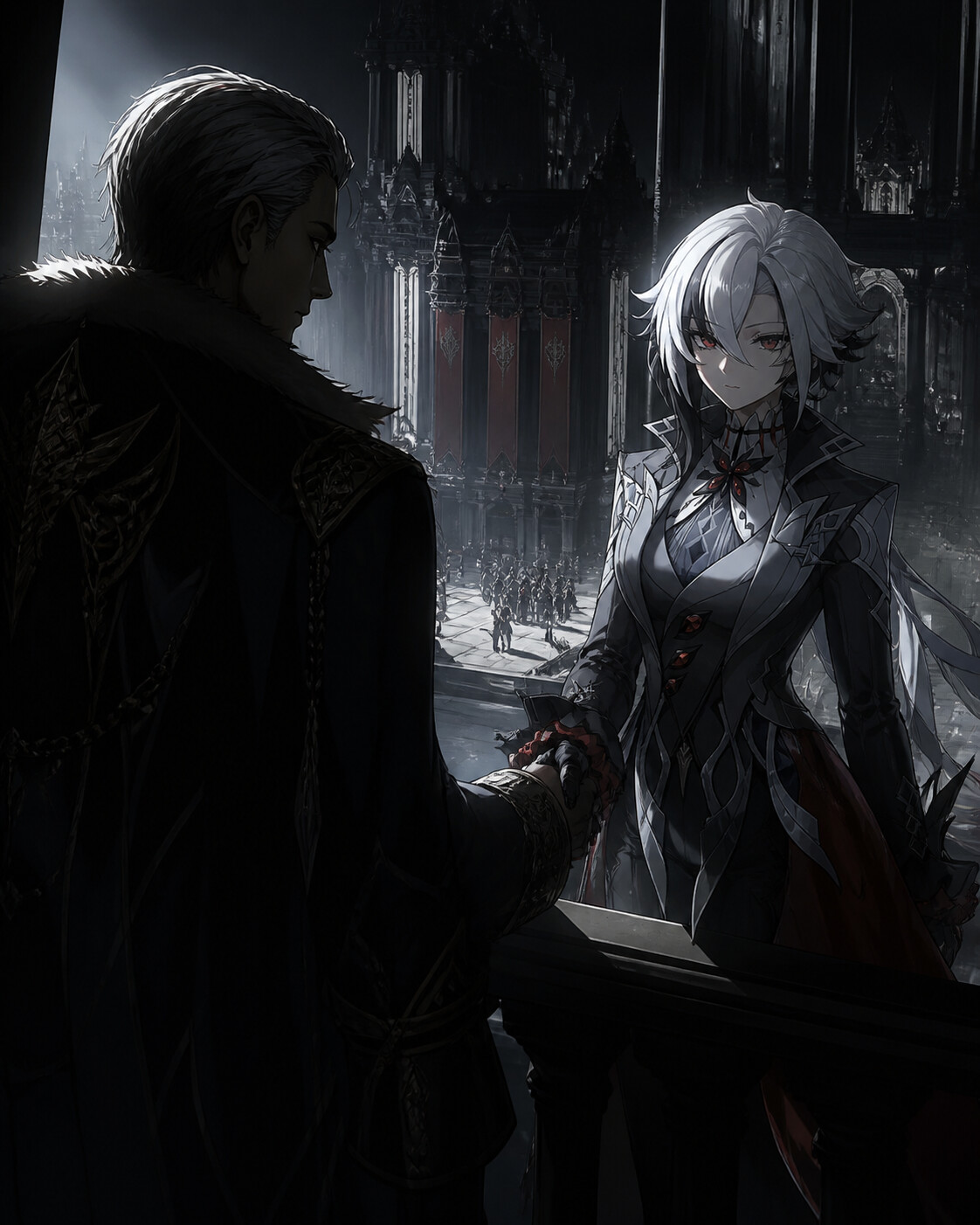 Striking a deal with a cold diplomat on a balcony overlooking the Court of Fontaine (cinematic noir)