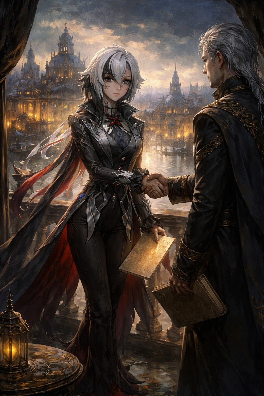 Striking a deal with a cold diplomat On a balcony overlooking the Court of Fontaine (dark gothic fantasy, oil painting texture)