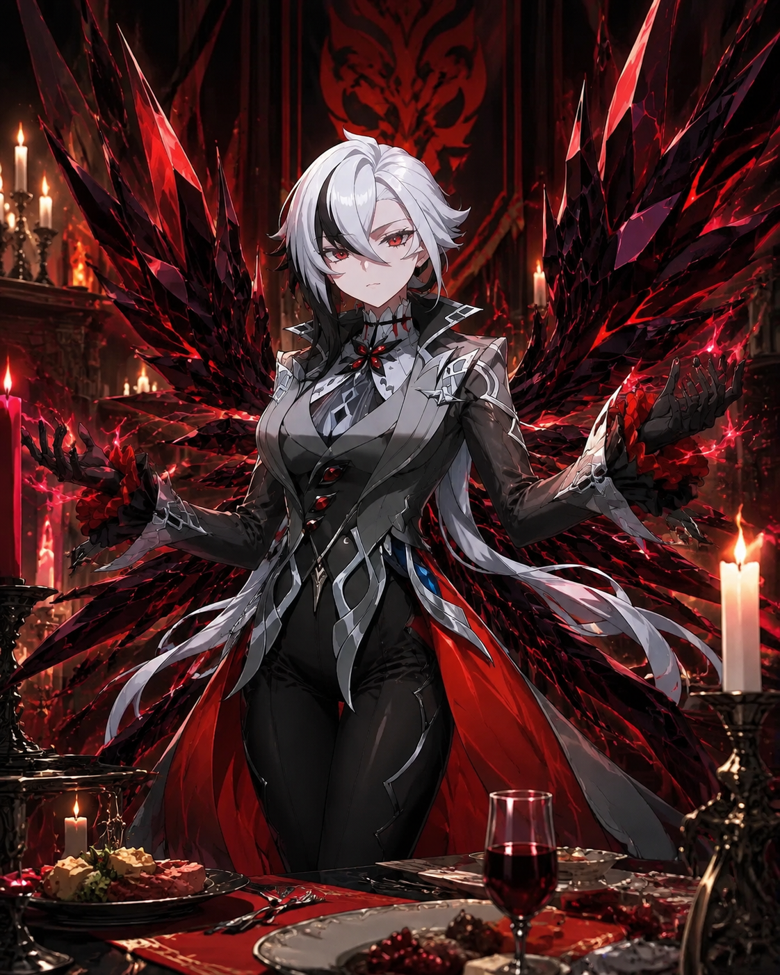Summoning sharp obsidian wings from her back At a candlelit table in the House of the Hearth (detailed anime art, sharp lines and vibrant crimson)