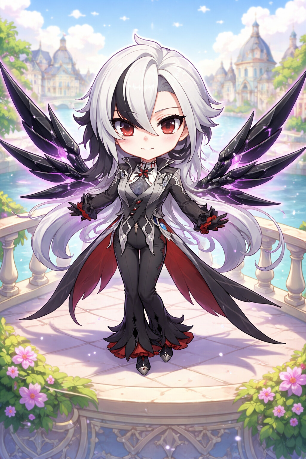 Summoning sharp obsidian wings from her back on a balcony overlooking the Court of Fontaine (chibi style)