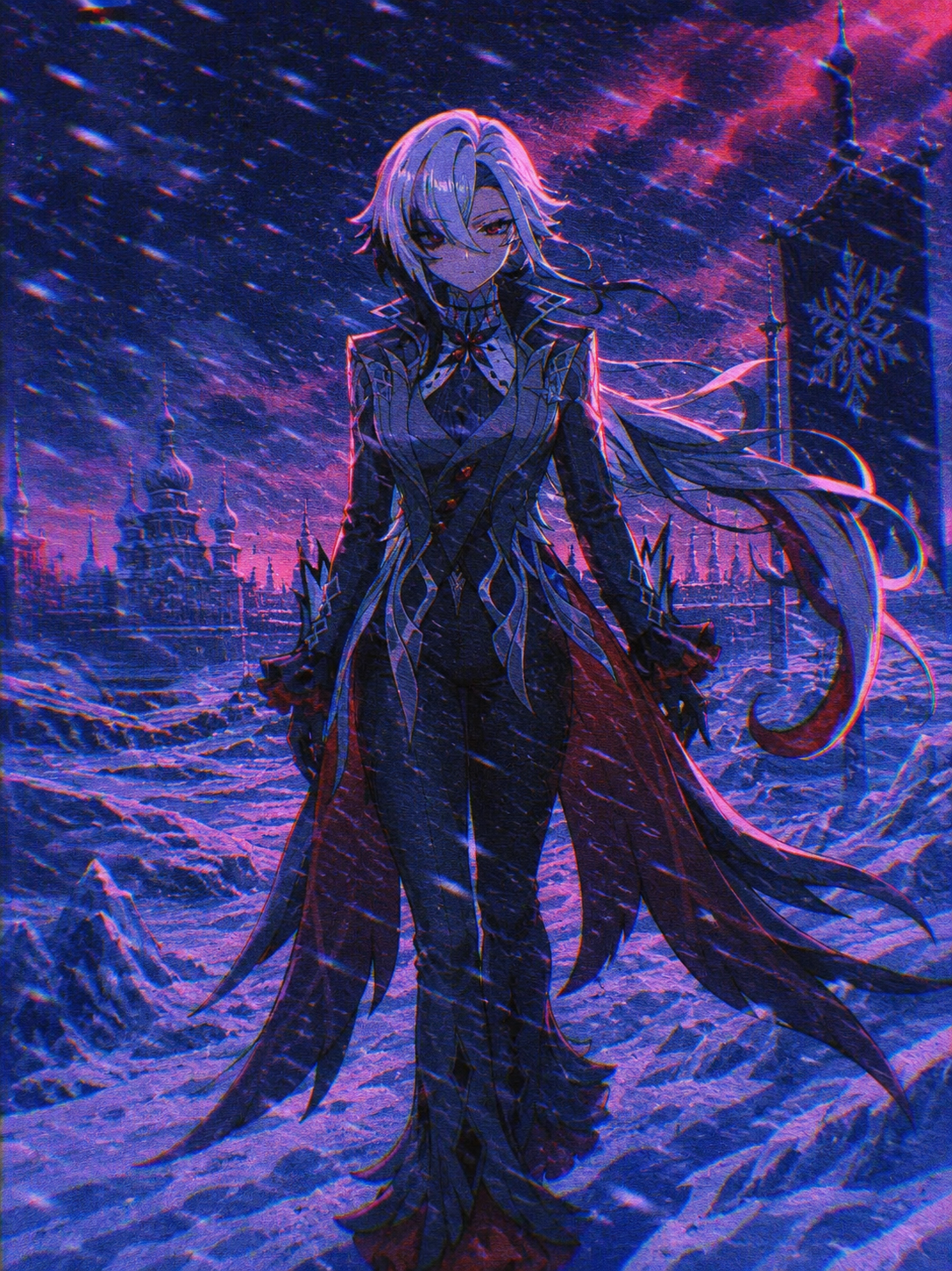 Walking through a blizzard with a stern expression In a frozen wasteland during a Snezhnayan blizzard (retro 90s anime, grain and neon highlights)