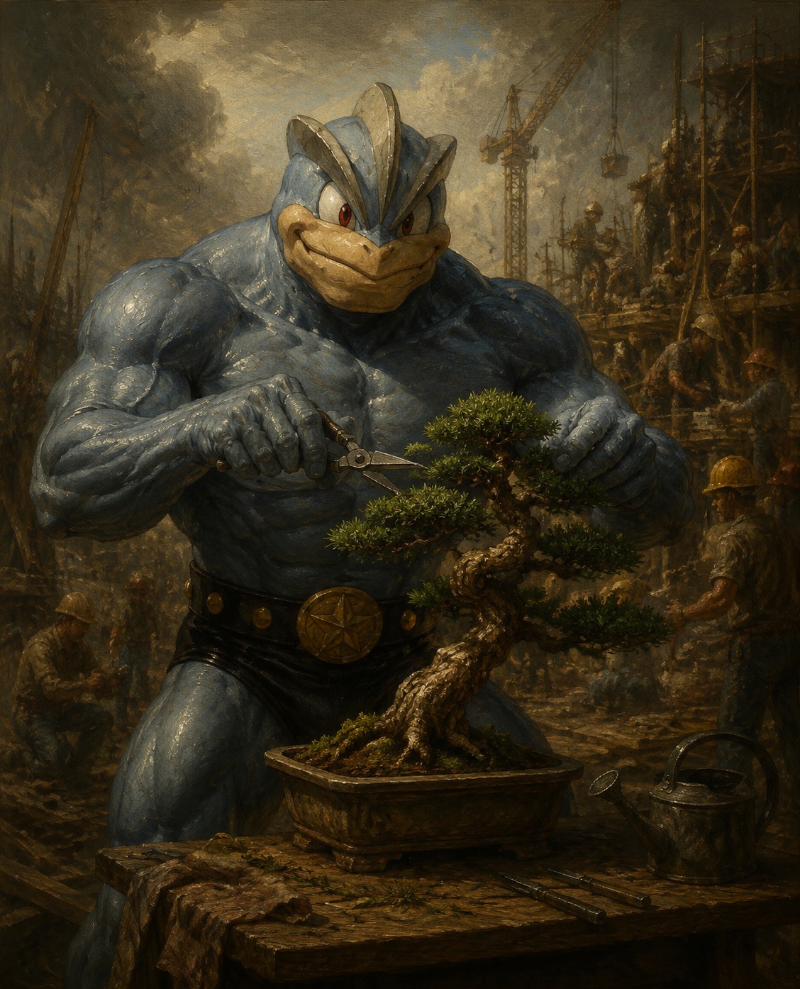 Pruning a delicate bonsai tree At a busy construction site (Classical oil painting, dramatic chiaroscuro)
