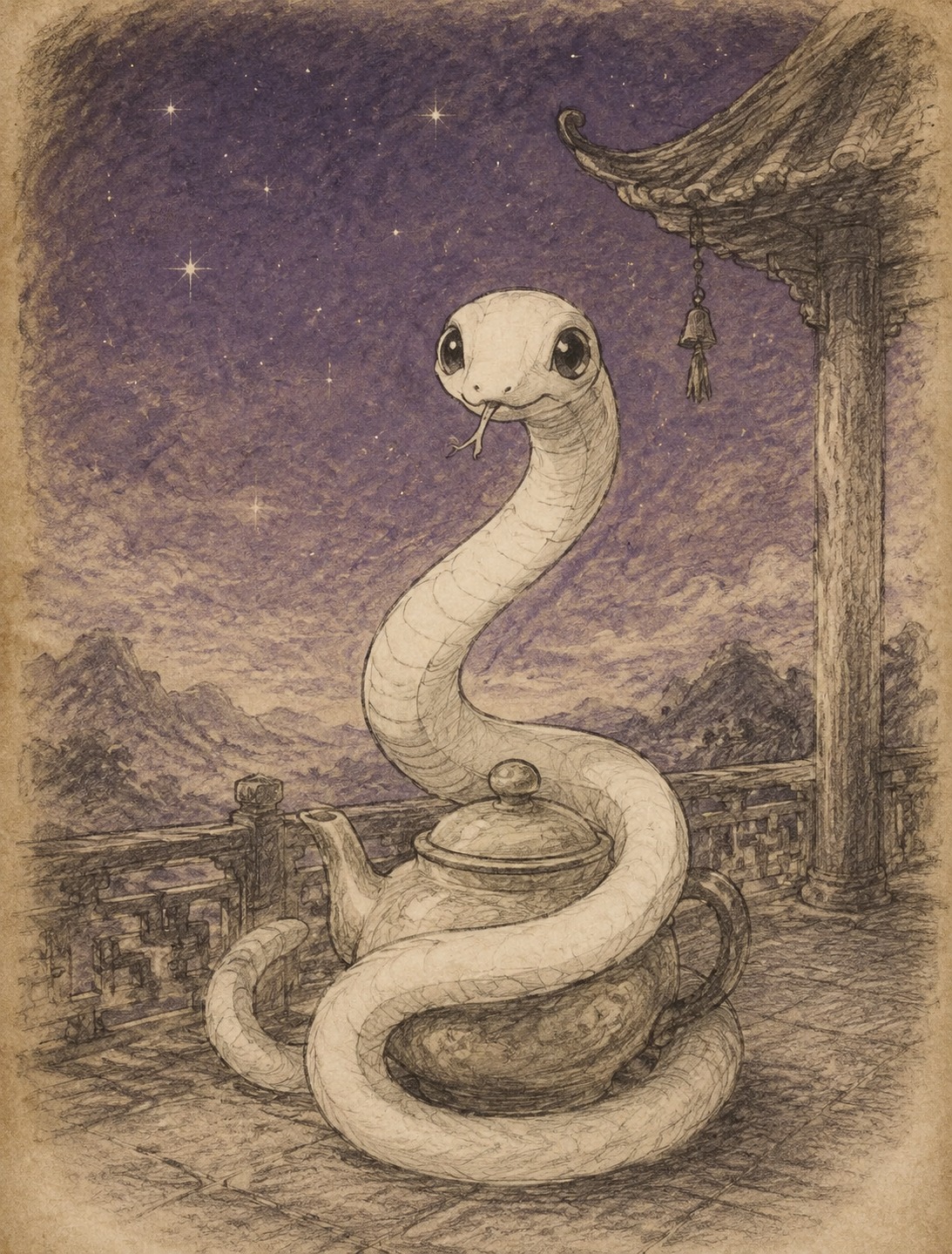 Coiled around a jade teapot while flicking her tongue On a high balcony under a starry purple sky (minimalist charcoal sketch on aged parchment)