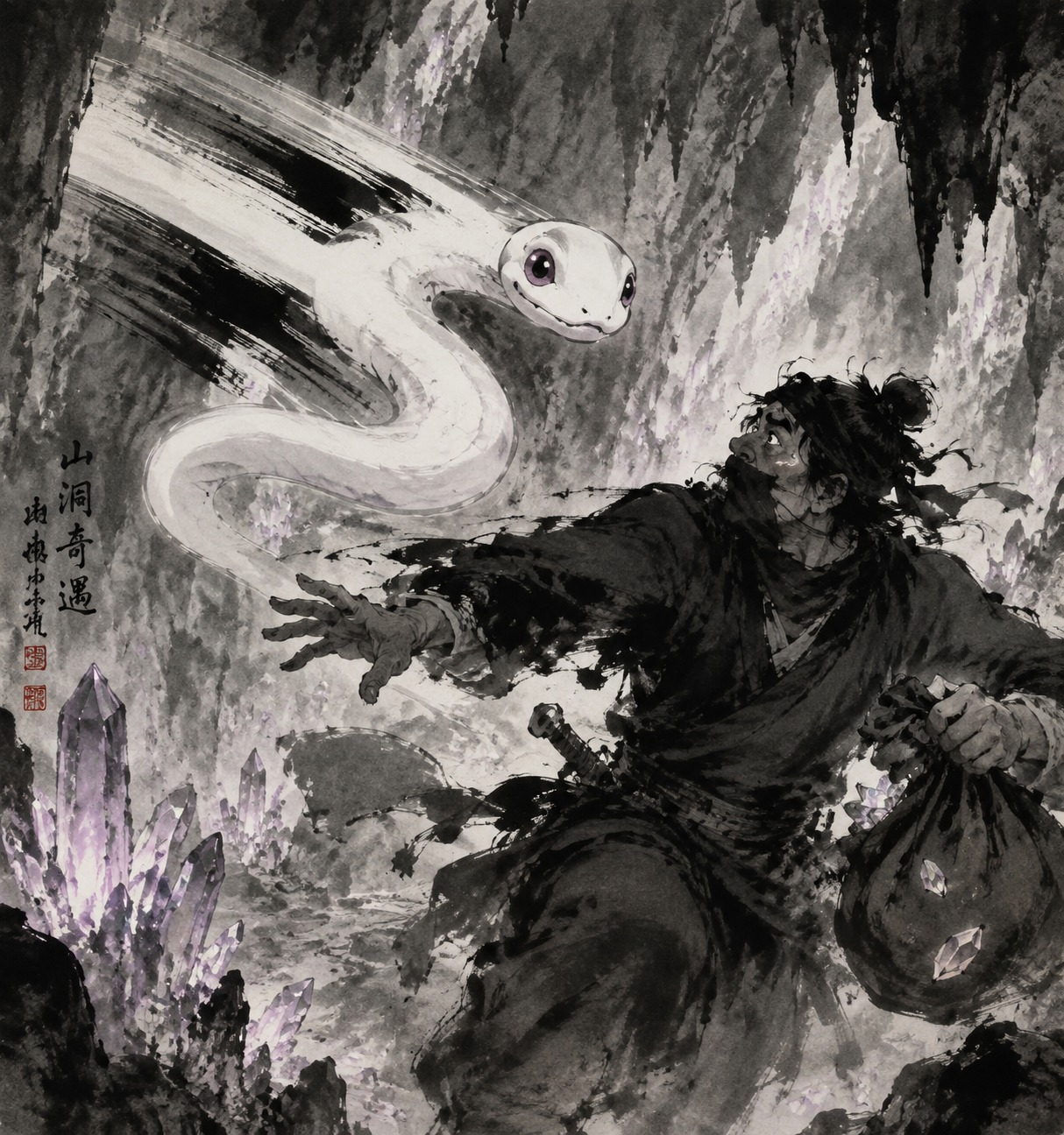 Lunging toward a thief with striking speed In a hidden mountain cavern filled with glowing crystals (traditional Chinese ink wash, bold brushstrokes)