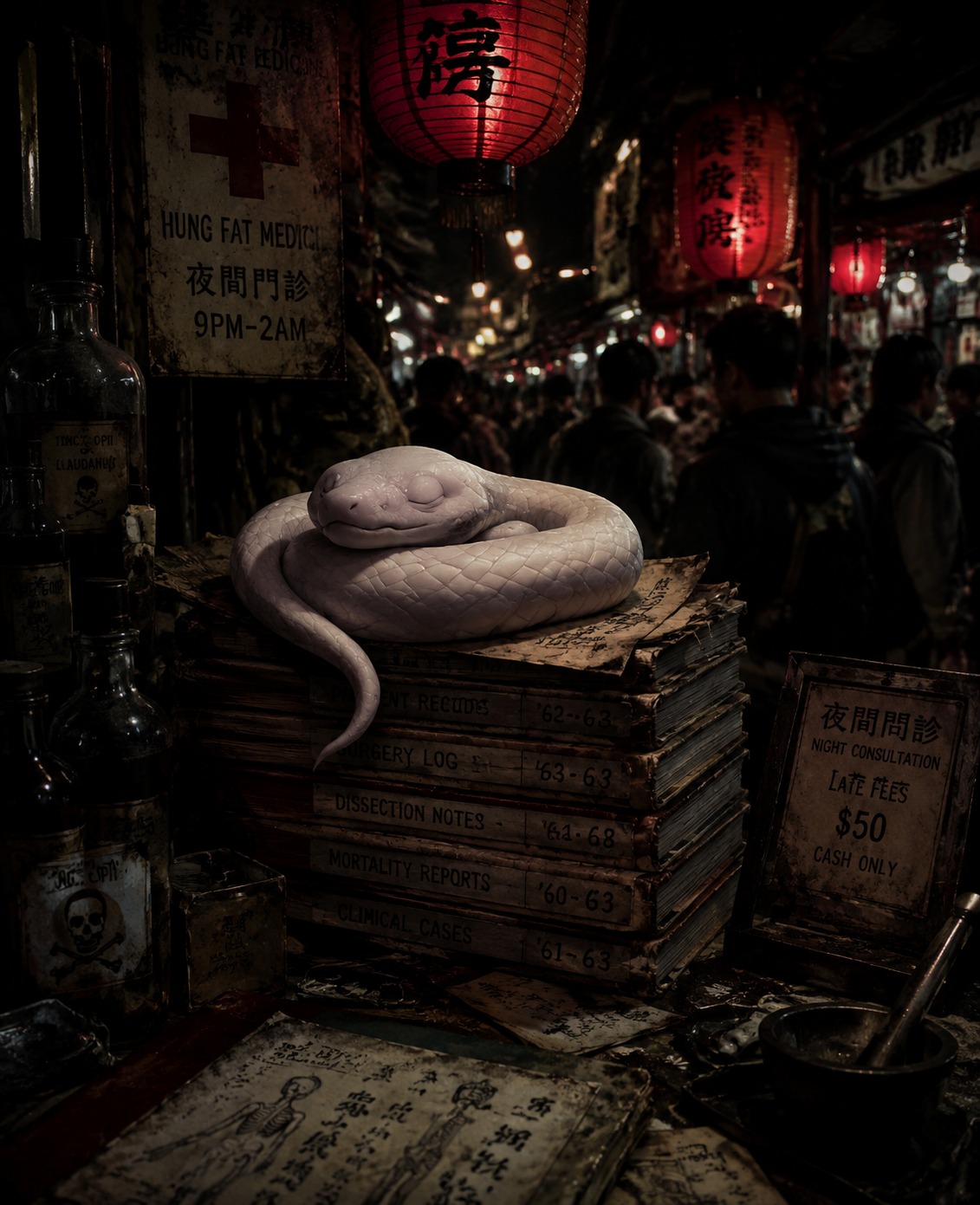 Napping atop a stack of dusty medical ledgers At a crowded night market stall under red lanterns (gritty cinematic noir, harsh shadows)