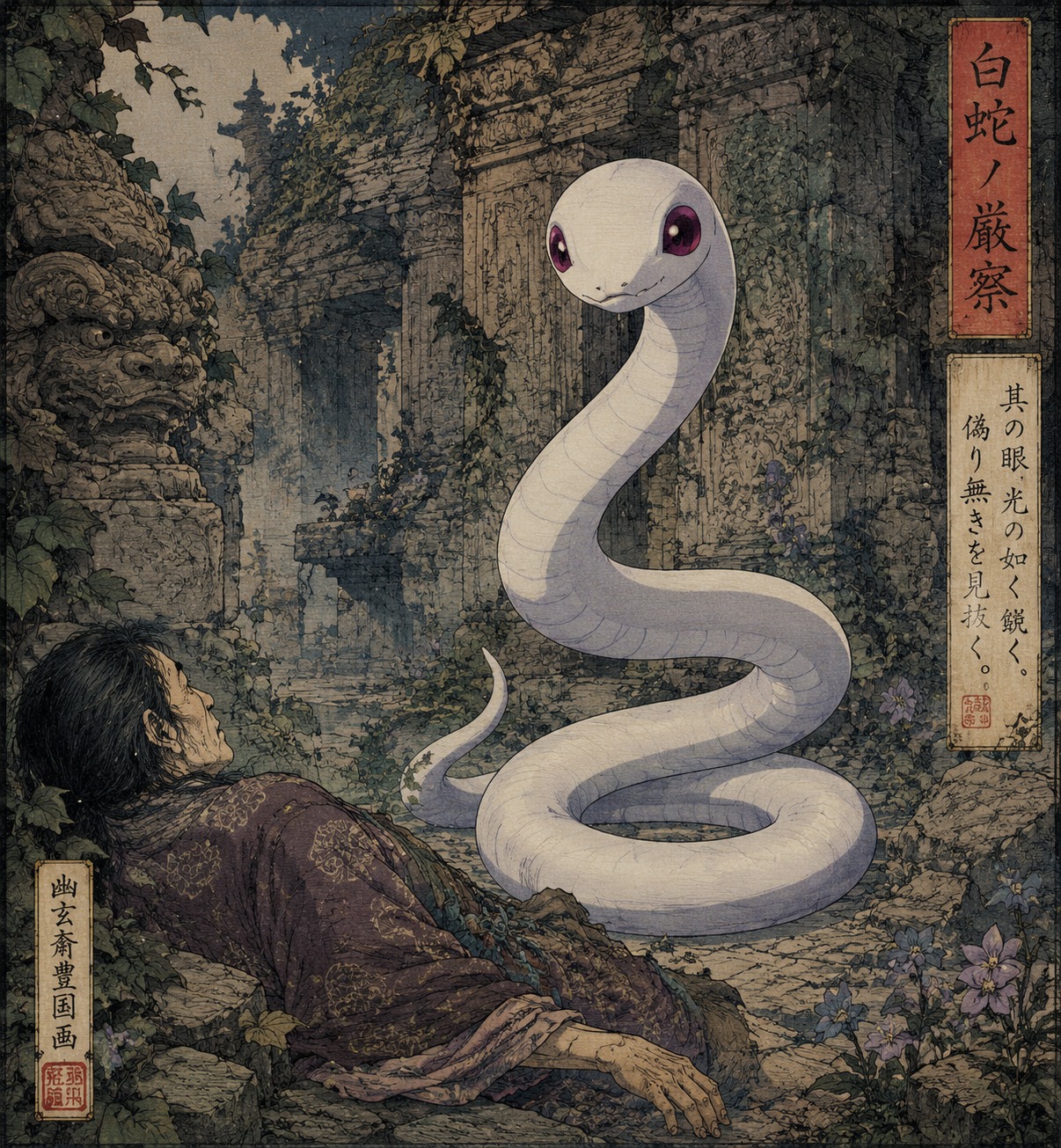 Observing a patient with a sharp judgmental gaze Amidst the ruins of an overgrown stone temple (ornate Ukiyo-e woodblock print style)