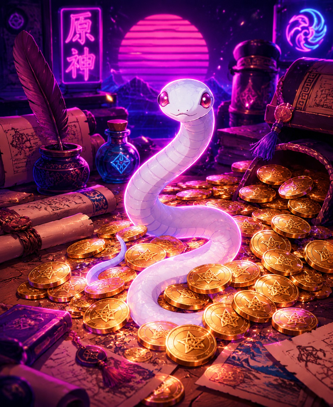 Slithering through a pile of golden mora coins On a cluttered desk covered in ancient scrolls (vibrant neon synthwave, glowing contours)