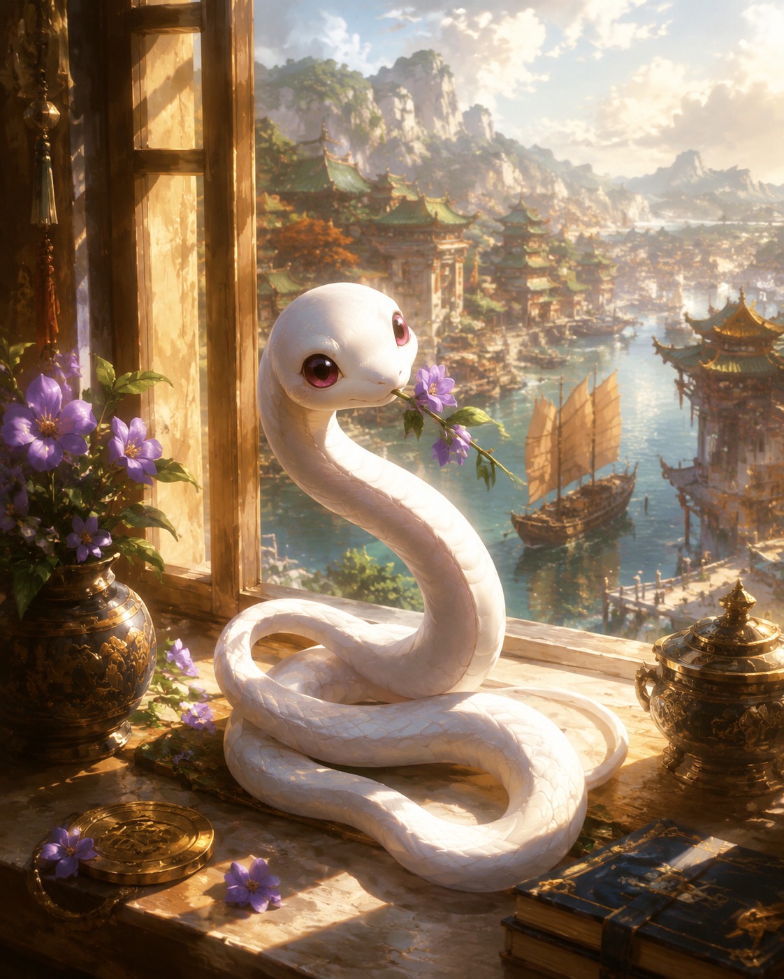 Tasting a rare violetgrass bloom with curiosity On a sun-drenched windowsill overlooking Liyue Harbor (high-fantasy digital oil painting, dramatic lighting)