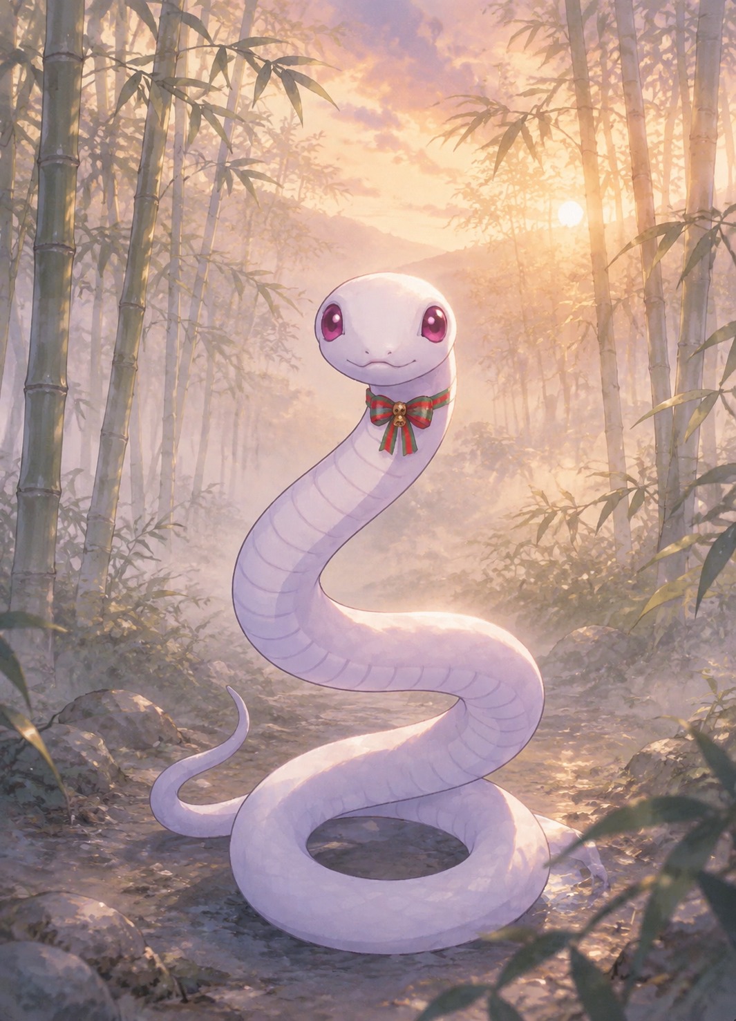 Wearing a miniature festive ribbon around her neck In a misty bamboo forest during twilight (soft watercolor anime, warm sunlight)