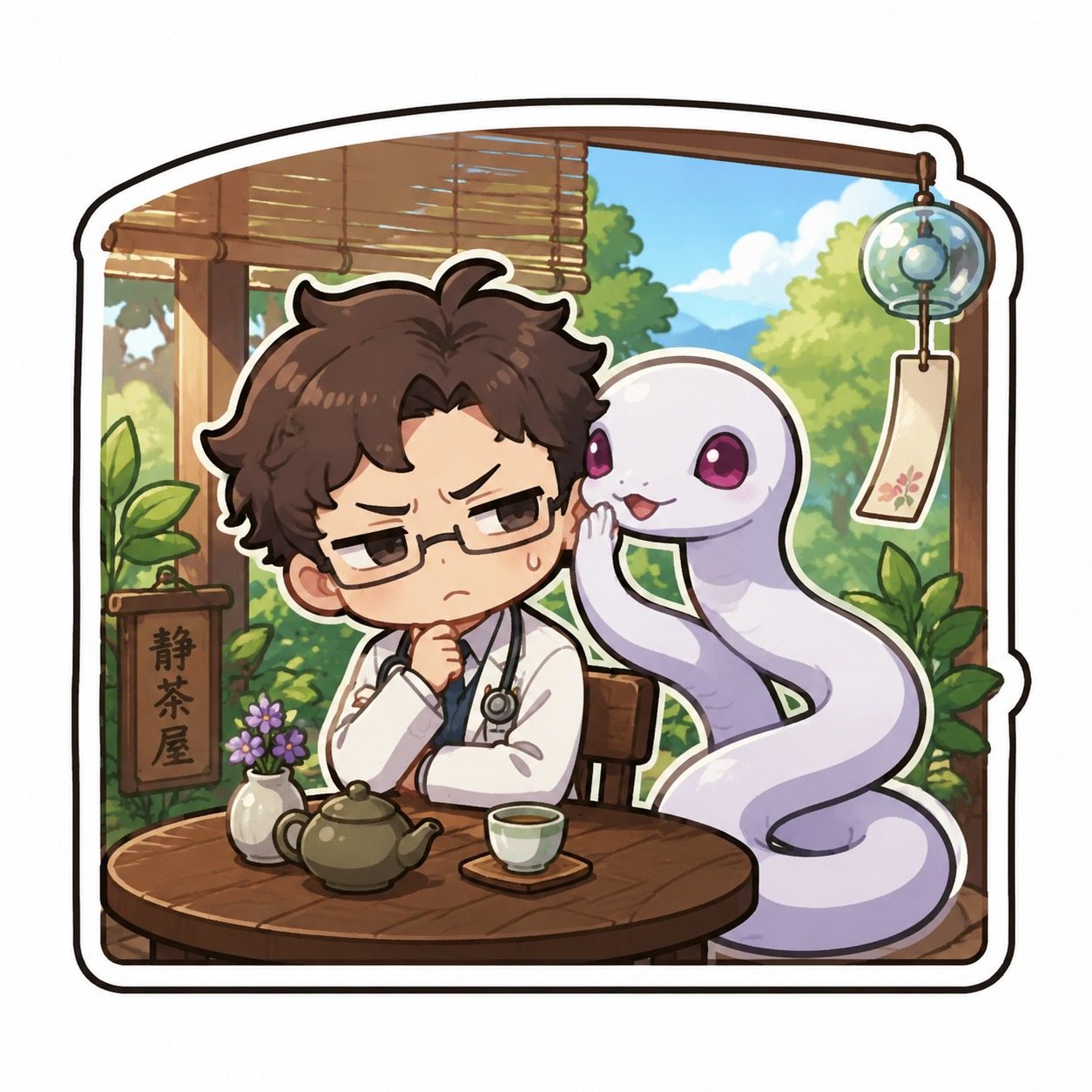 Whispering cynical secrets into a doctor's ear At a quiet tea house on a summer afternoon (cute chibi sticker art, thick lines)