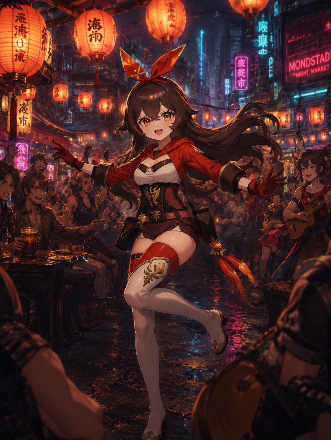 Dancing a cheerful jig to tavern music In a crowded festival market under glowing paper lanterns (gritty cyberpunk aesthetic featuring neon highlights)