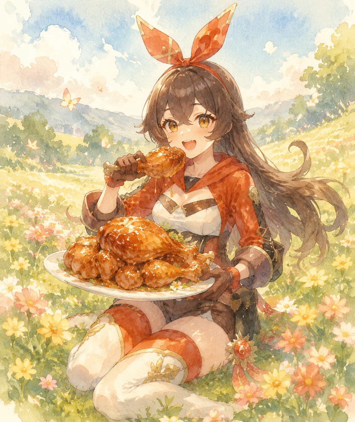 Eating a massive plate of sticky honey roast On a sun-drenched flower meadow during mid-afternoon (dreamy watercolor with soft pastel edges and washes)