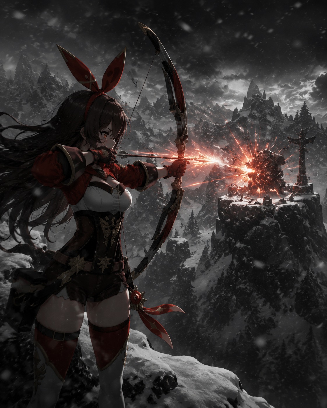 Firing an explosive pyro arrow at a target On the snowy peaks of Dragonspine during a blizzard (cinematic noir with high contrast and dramatic shadows)