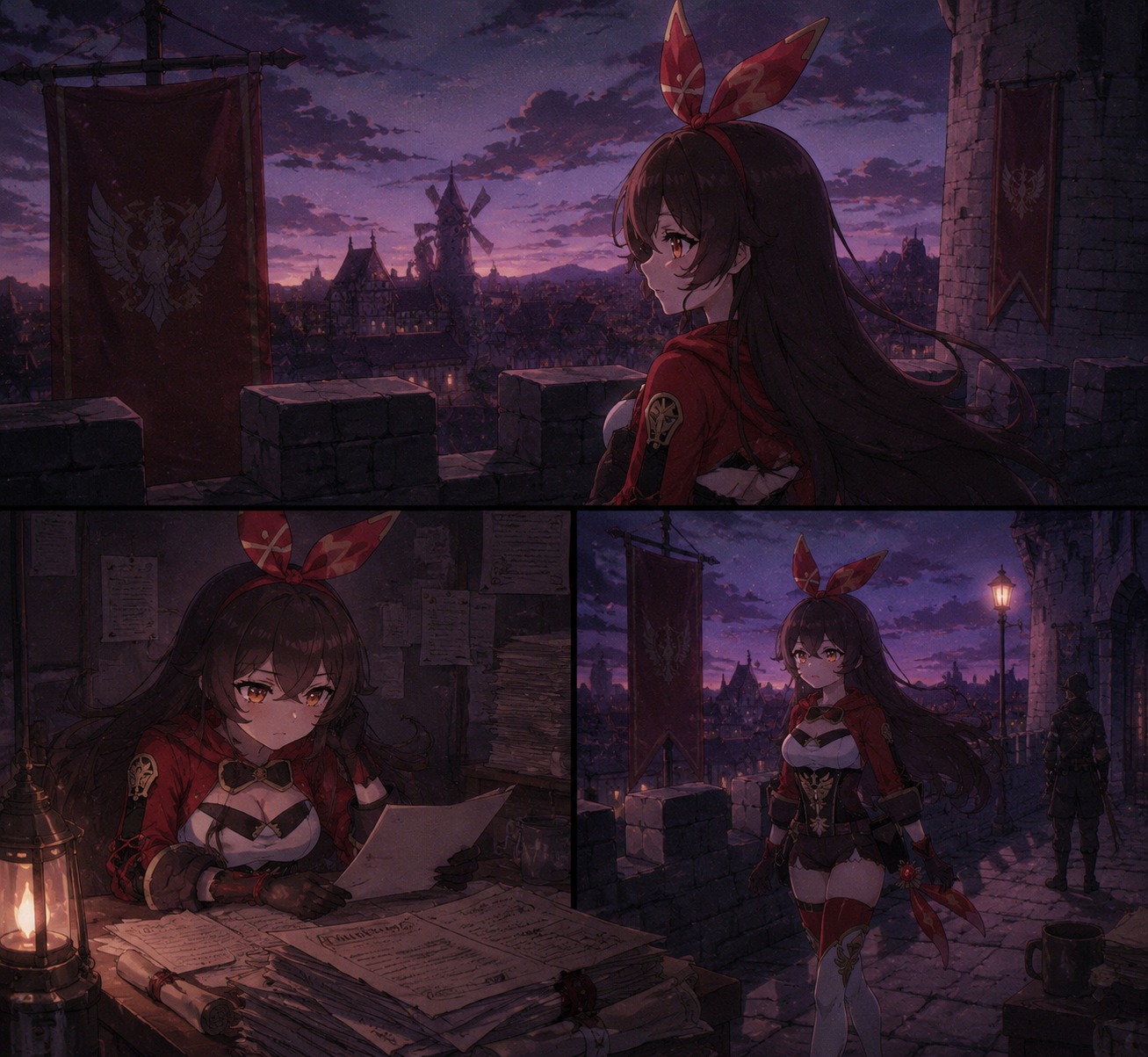 Patrolling the city walls with a serious gaze At a messy desk piled high with patrol reports (lo-fi aesthetic with grainy textures and purple dusk hues)