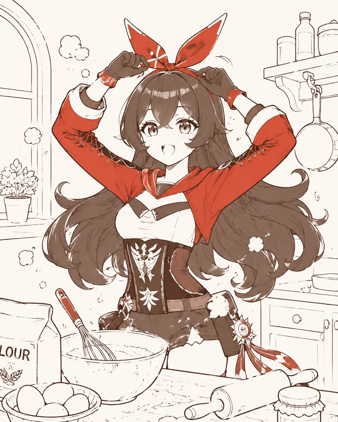 Re-tying her signature red bunny-ear headscarf In a cozy kitchen filled with floating baking flour (minimalist line art with clean strokes and limited palette)