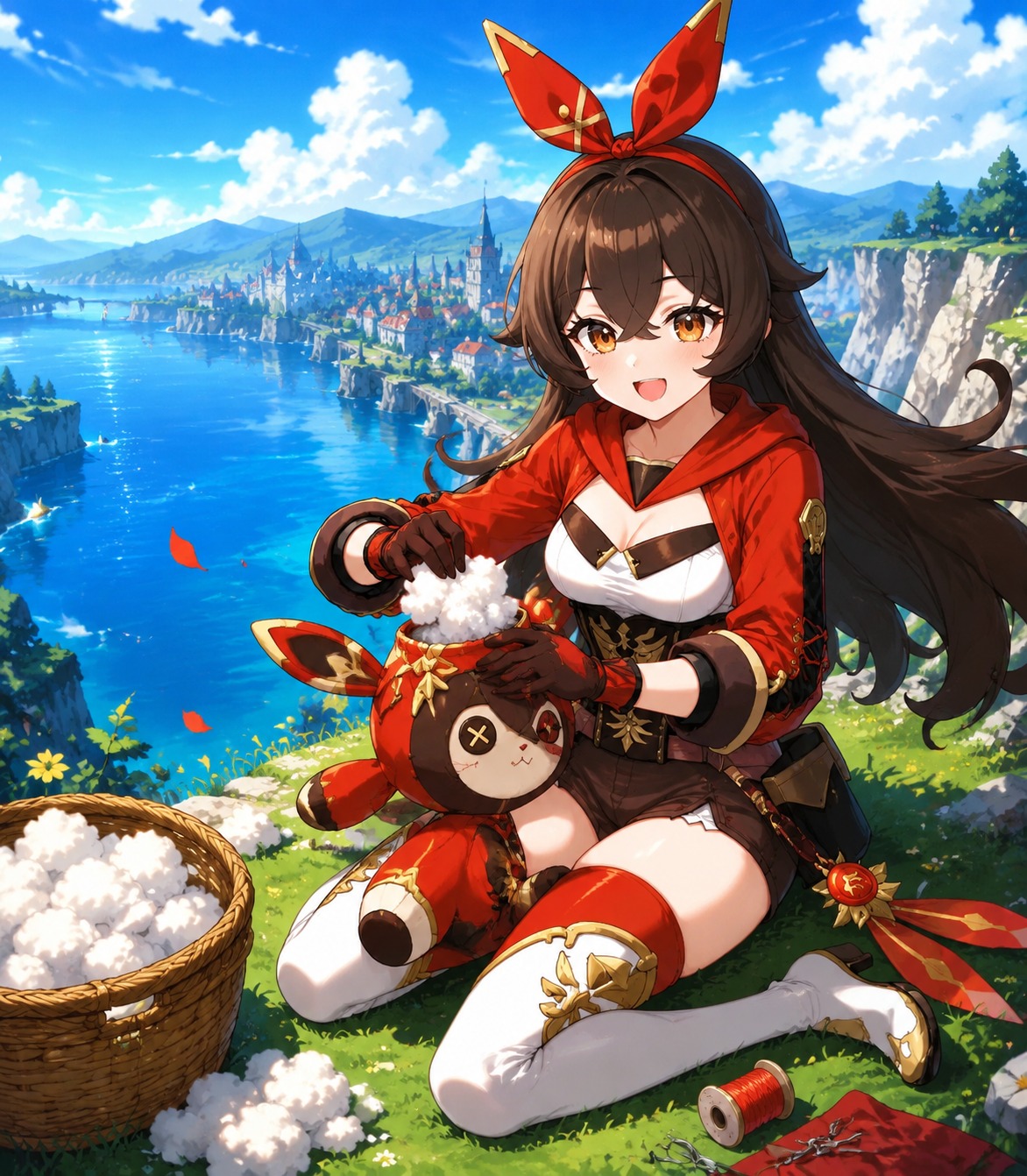 Stuffing a baron bunny doll with fresh cotton On a cliffside overlooking the vast Cider Lake (vibrant anime style with high saturation cel shading)
