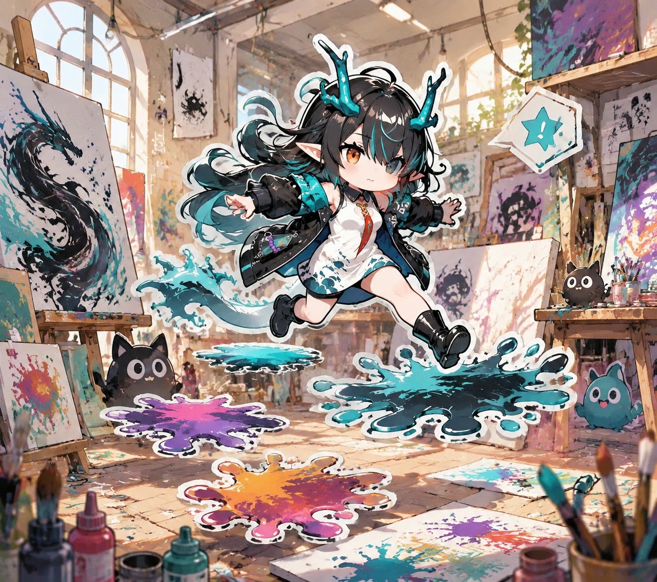 Leaping across floating ink blots In a chaotic art studio filled with canvases (chibi paper-cutout style, bright whimsical colors)