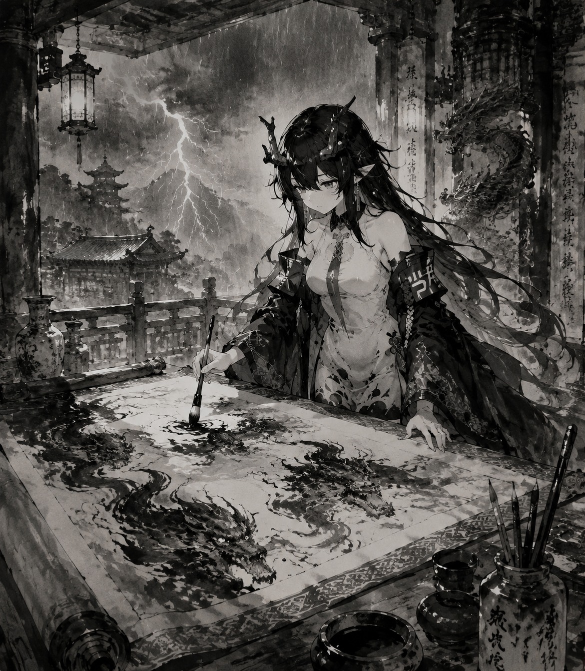 Painting ink monsters on a silk scroll In an ancient temple during a thunderstorm (traditional sumi-e ink wash, monochrome tones)