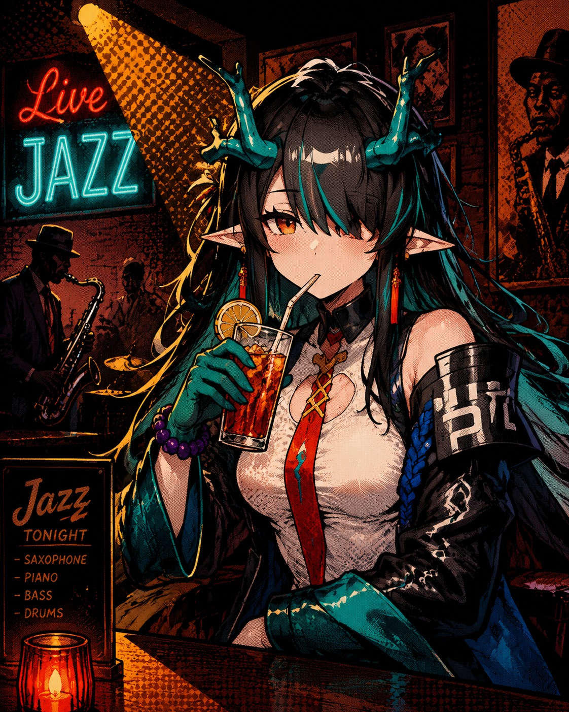 Sipping cold tea with a bored expression At a dimly lit jazz bar (vibrant pop art, bold halftones)