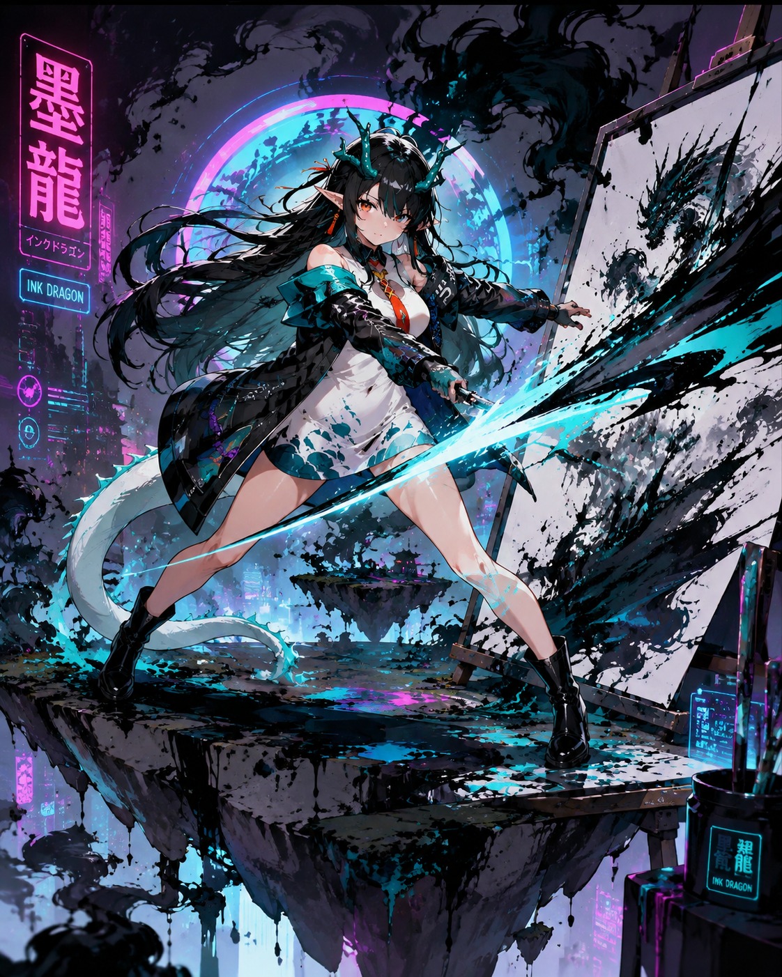 Slashing through a canvas with her blade On a floating island amidst ink clouds (cyberpunk neon, sharp digital lineart)