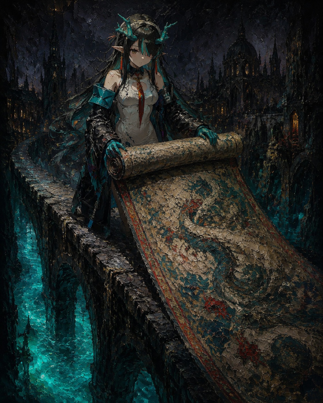 Unrolling a massive traditional tapestry On a narrow bridge over a glowing river (dark gothic oil painting, heavy impasto)