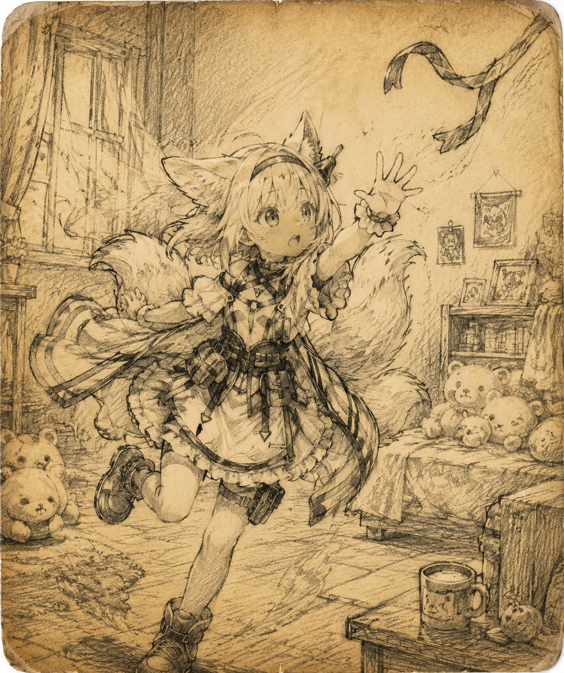 Chasing a stray ribbon in the wind In a cozy dormitory decorated with plush toys (rough charcoal sketch on aged parchment)