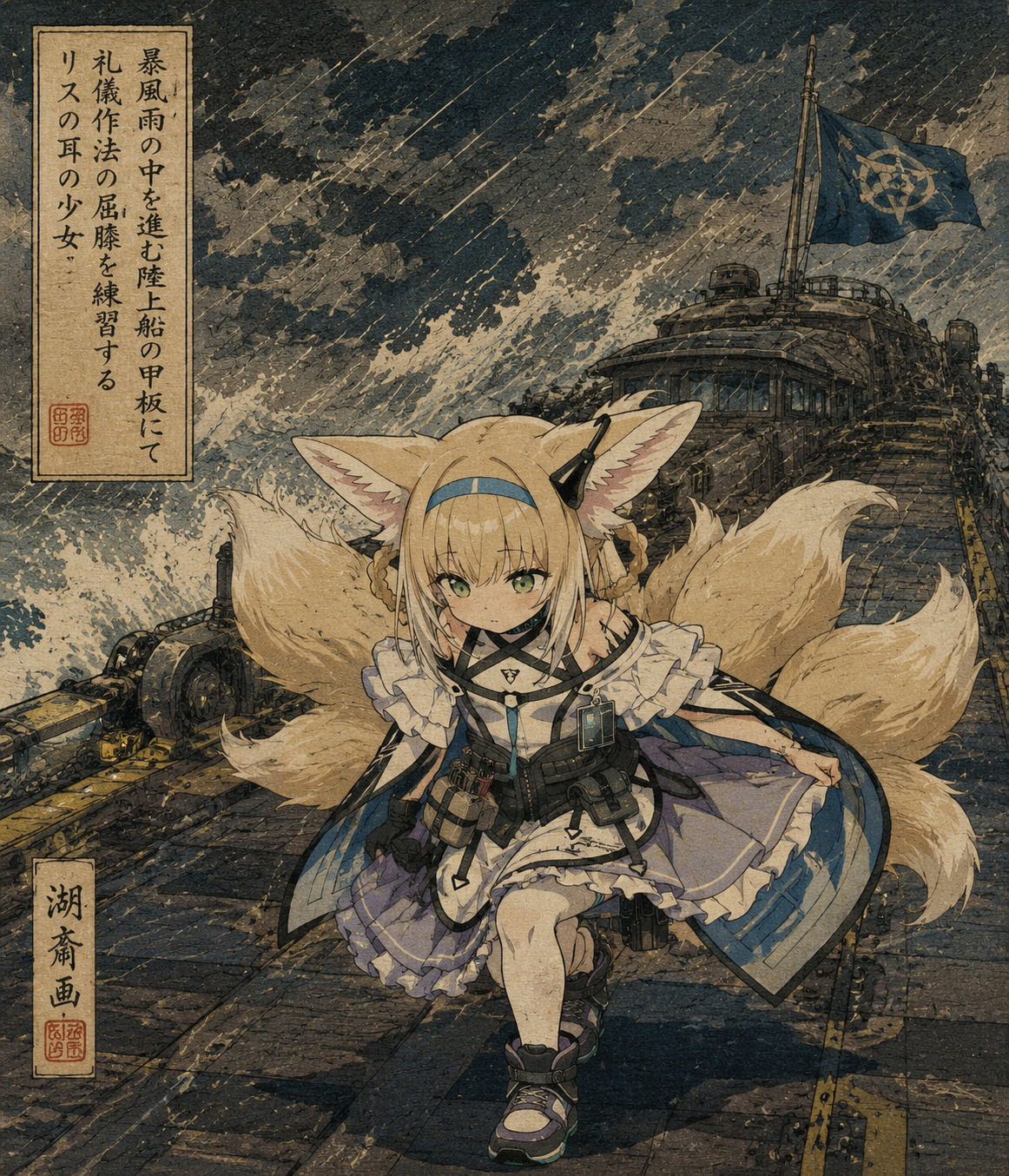 Practicing a formal curtsy with focused eyes On the deck of a moving landship during a storm (traditional Ukiyo-e woodblock print aesthetic)