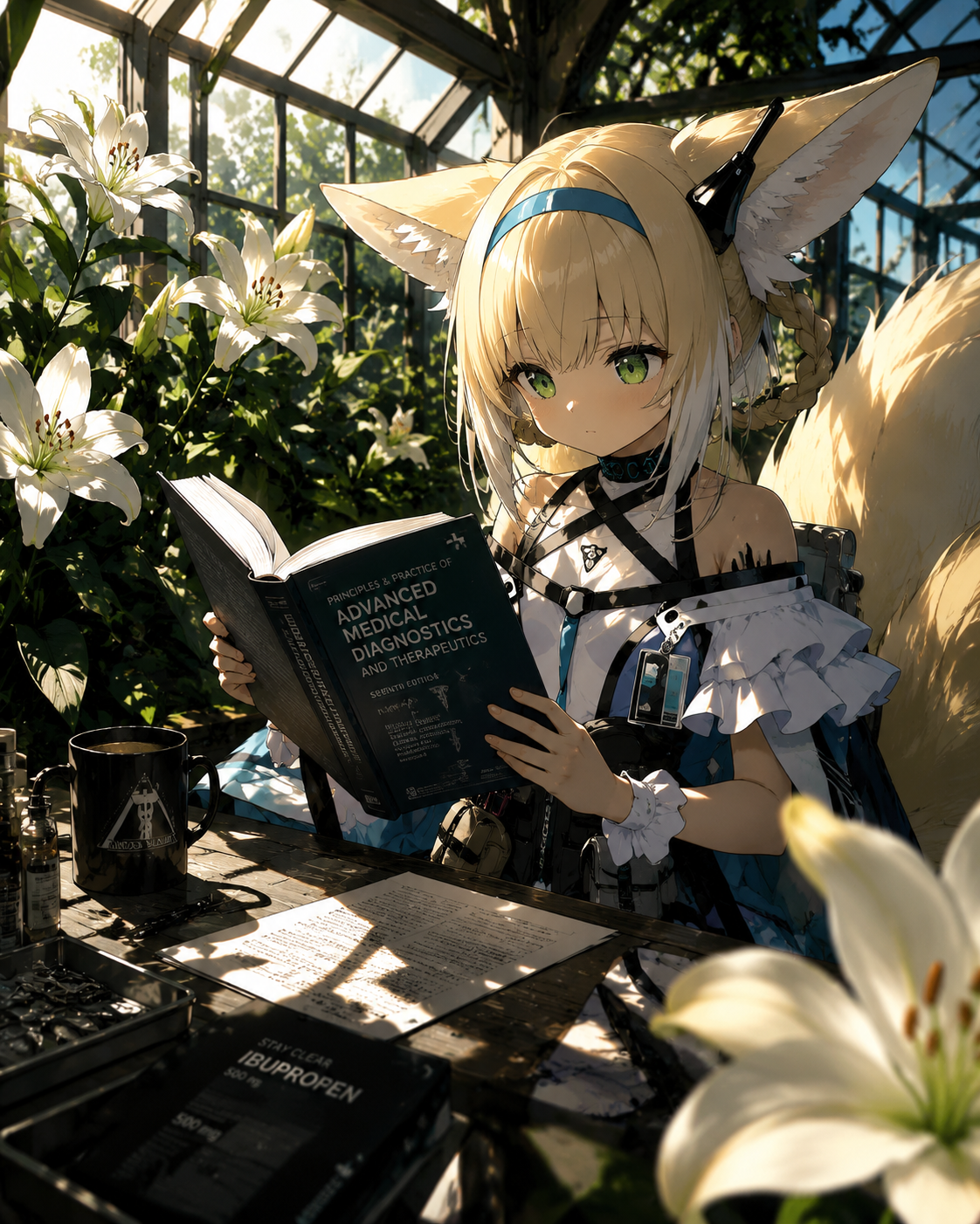 Reading a dense medical manual In a sunlit greenhouse filled with blooming lilies (cinematic noir, sharp shadows and high contrast)